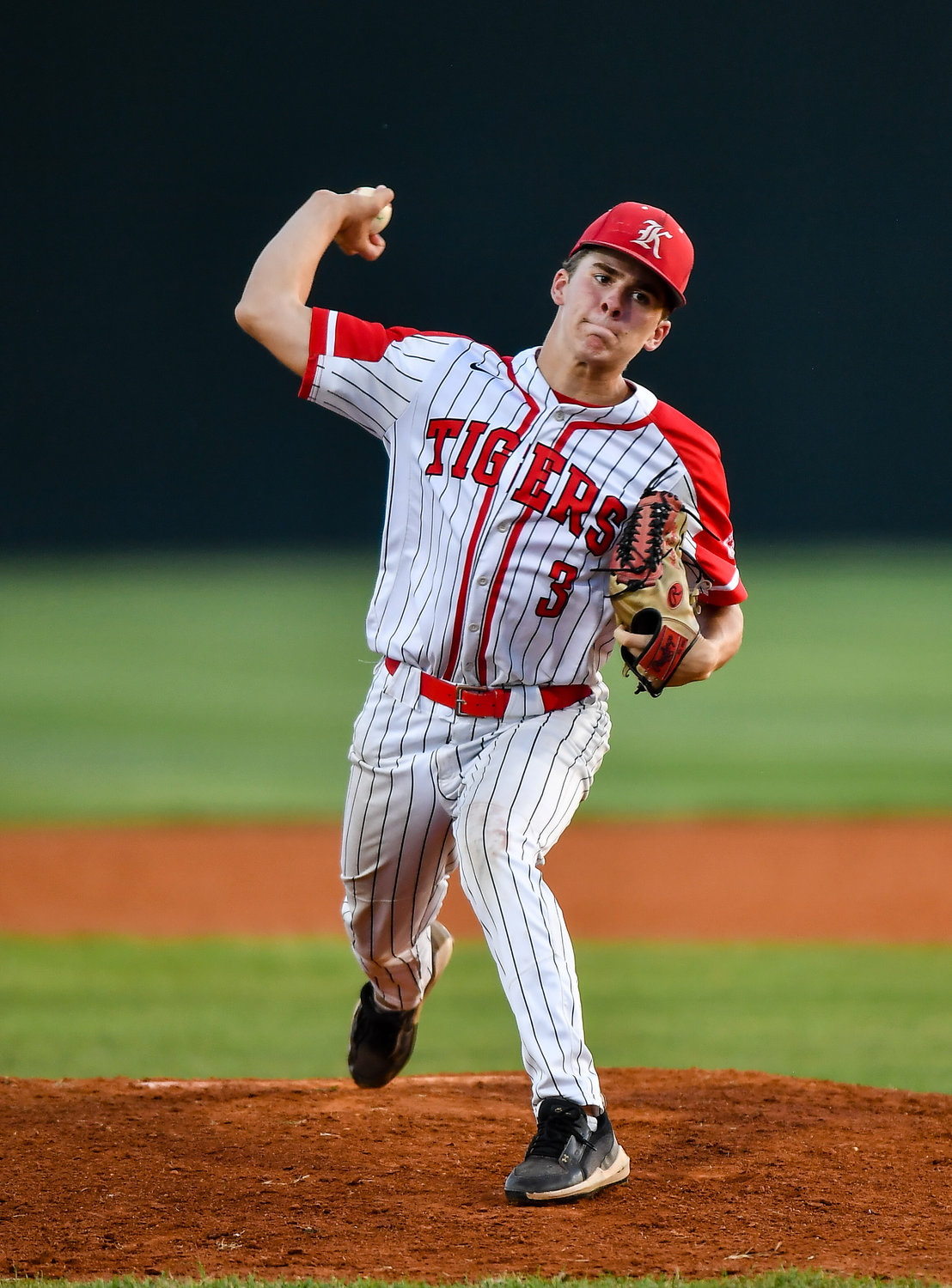 Katy's Caleb Koger (3) starting pitcher, pitches during the first inning during a Region III-6A Regional SemiFinals baseball game between Katy and Strake Jesuit at Mayde Creek High School, Friday, May 27, 2022..