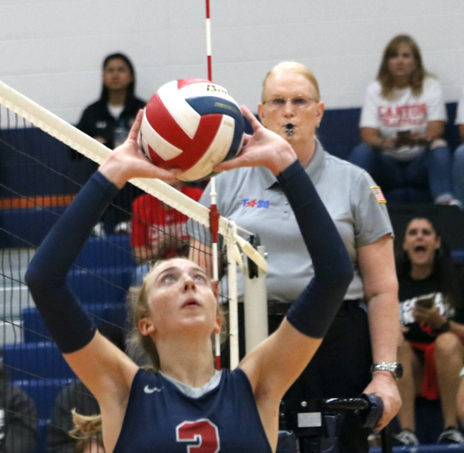 Tompkins’ Presley Powell sets a ball during a match against Canyon in the finals match of gold bracket Katy ISD/Cy-Fair Tournament at Bridgeland.