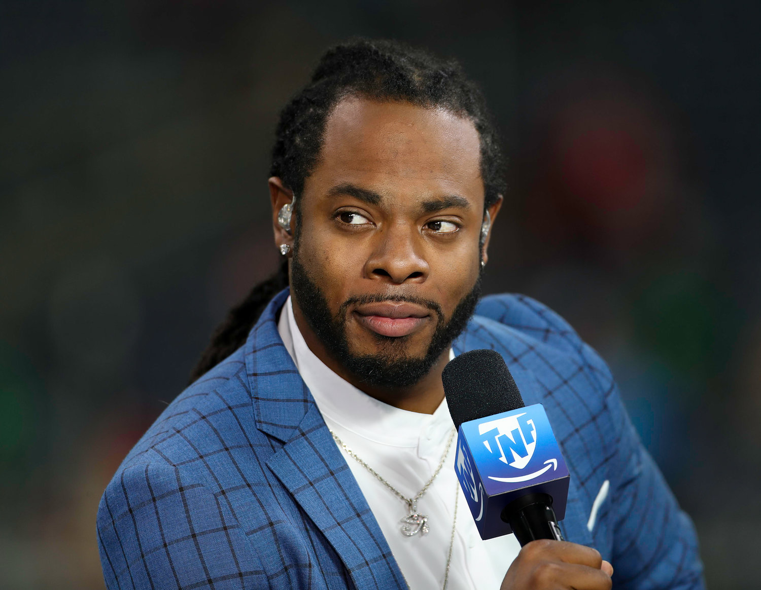 Former NFL cornerback Richard Sherman on Amazon’s Thursday Night Football pregame show before the start of an NFL preseason game between the Texans and the 49ers in Houston, Texas, on August 25, 2022.