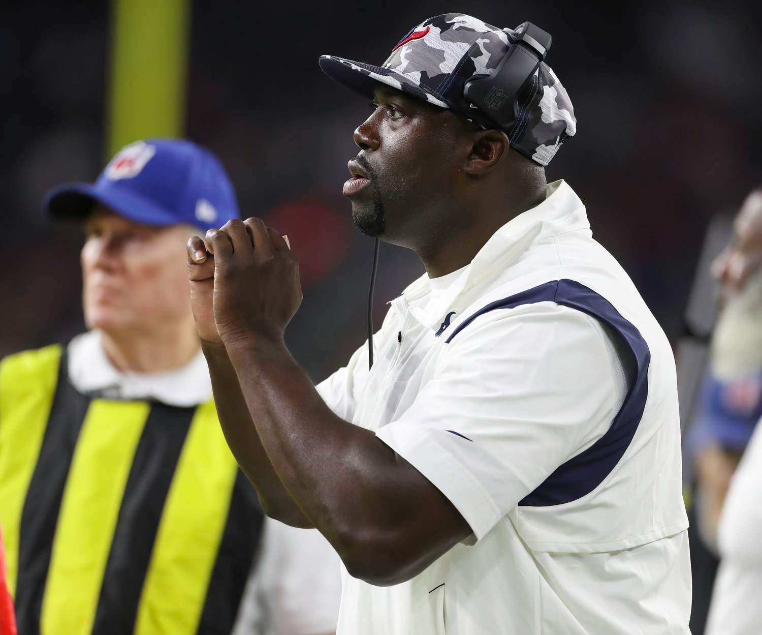 Houston Texans defensive line coach Jaques Cesaire during an NFL preseason game between the Texans and the 49ers in Houston, Texas, on August 25, 2022.