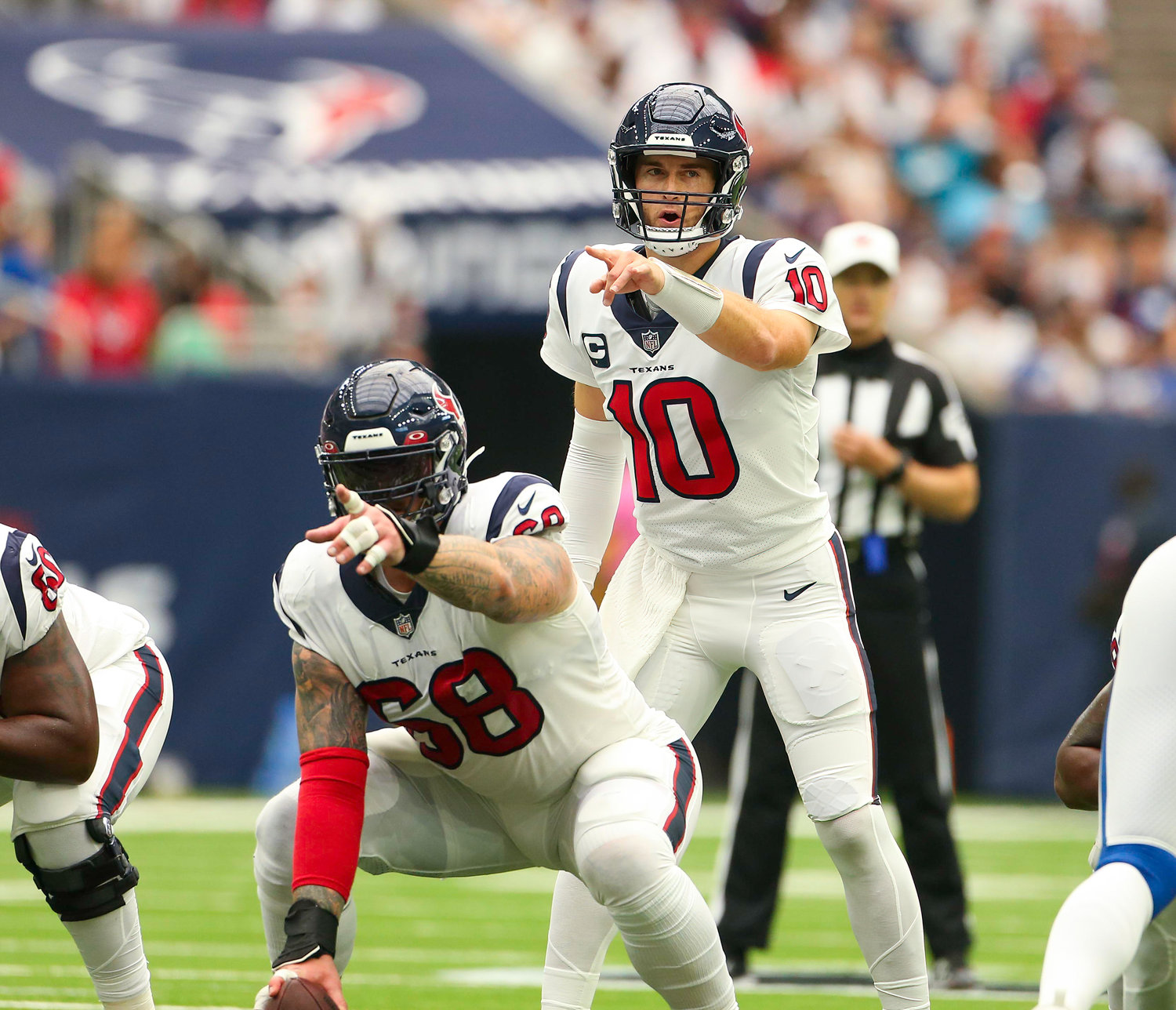 Houston Texans quarterback Davis Mills (10) calls signals before a snap during an NFL game between the Texans and the Colts on September 11, 2022 in Houston. The game ended in a 20-20 tie after a scoreless overtime period.