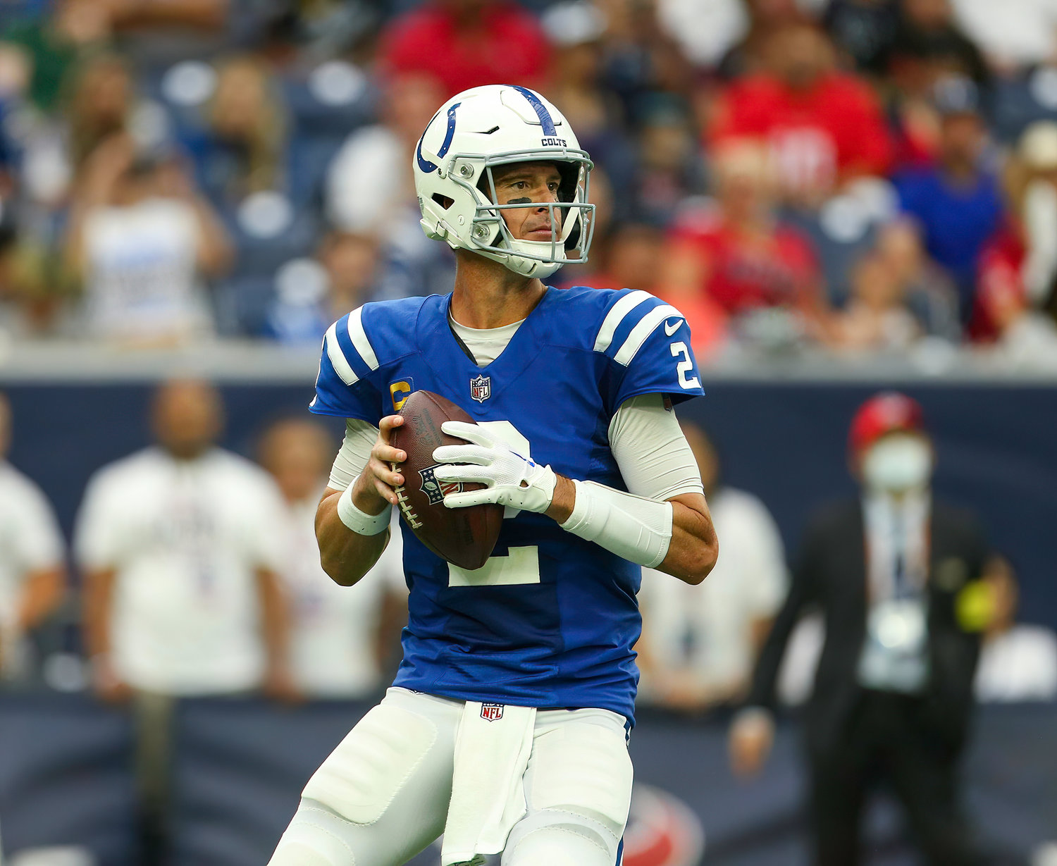 Indianapolis Colts quarterback Matt Ryan (2) looks to pass during an NFL game between the Texans and the Colts on September 11, 2022 in Houston. The game ended in a 20-20 tie after a scoreless overtime period.