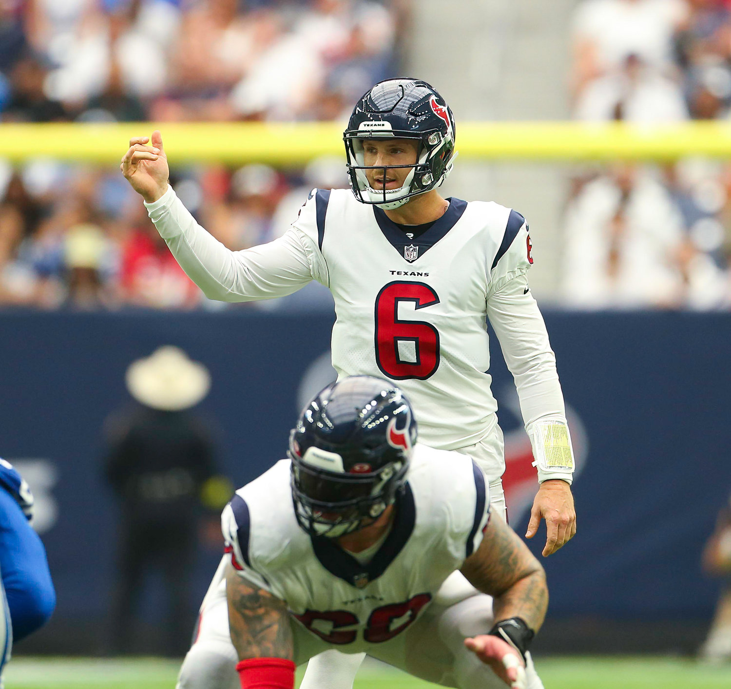 Houston Texans backup quarterback Jeff Driskel in for a snap during an NFL game between the Texans and the Colts on September 11, 2022 in Houston. The game ended in a 20-20 tie after a scoreless overtime period.