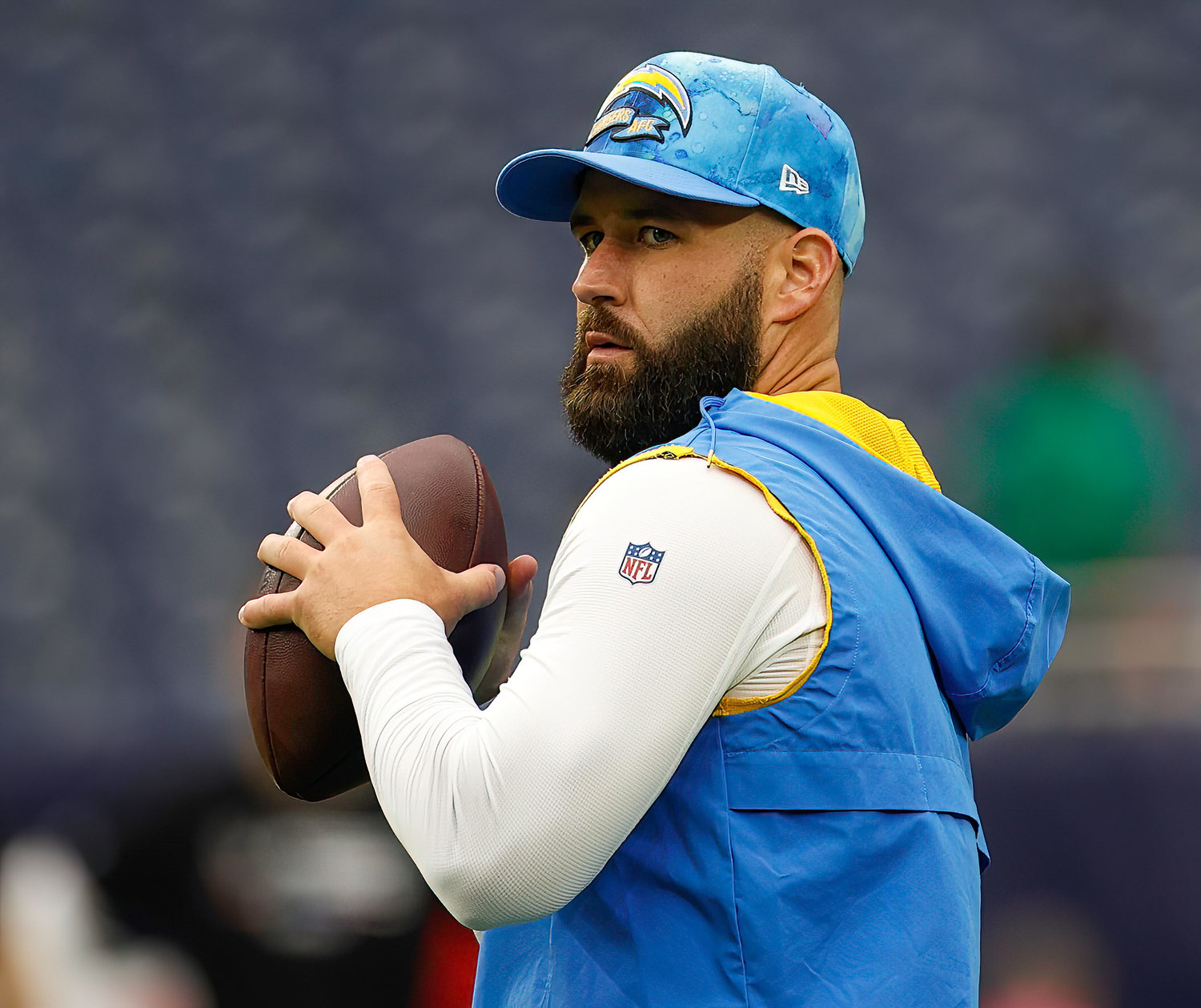 Chargers quarterback Chase Daniel (4) on the field during warmups before the start of an NFL game between the Texans and the Chargers on Oct. 2, 2022 in Houston.