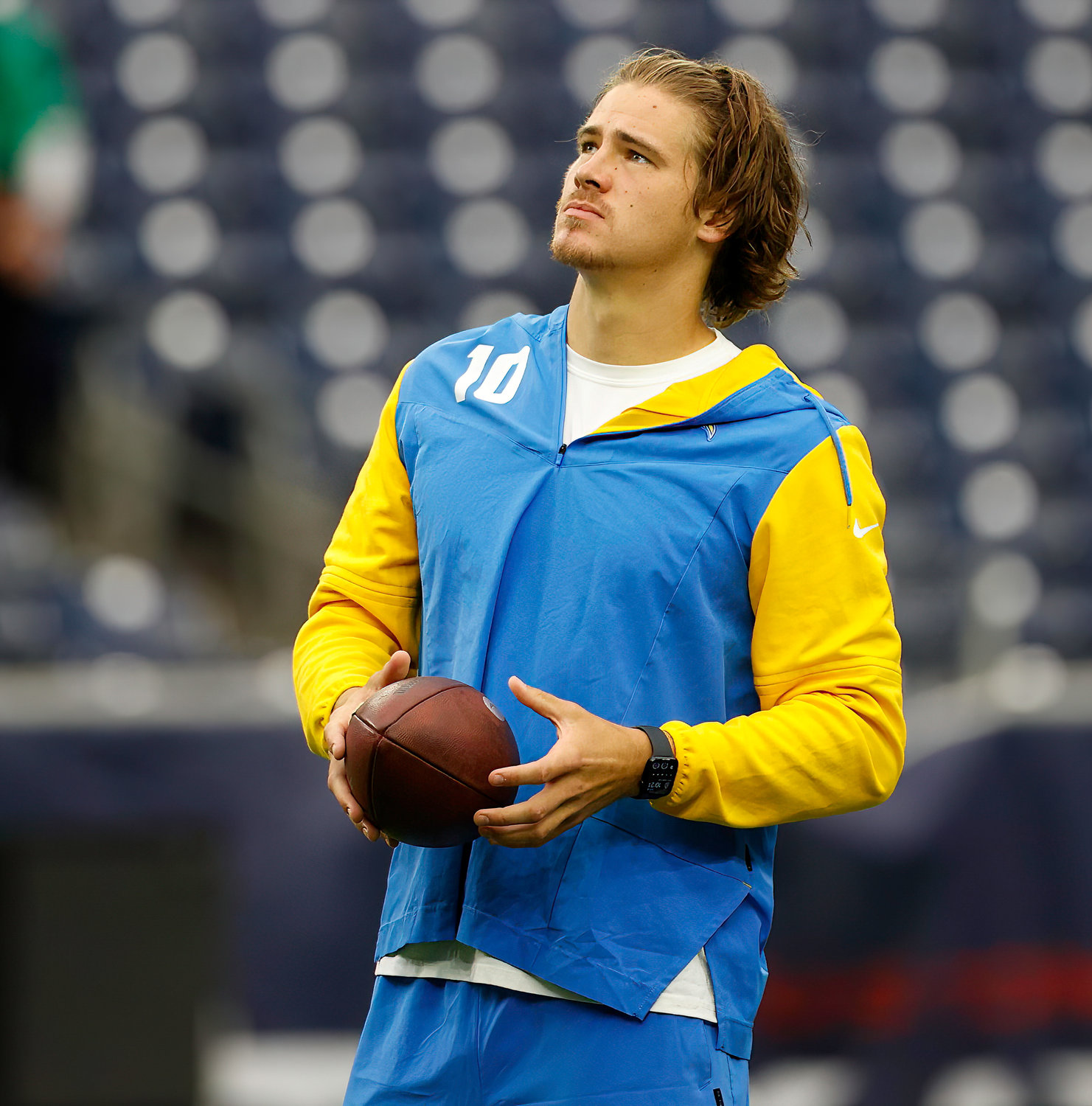 Chargers quarterback Justin Herbert (10) on the field during warmups before an NFL game between the Texans and the Chargers on Oct. 2, 2022 in Houston.