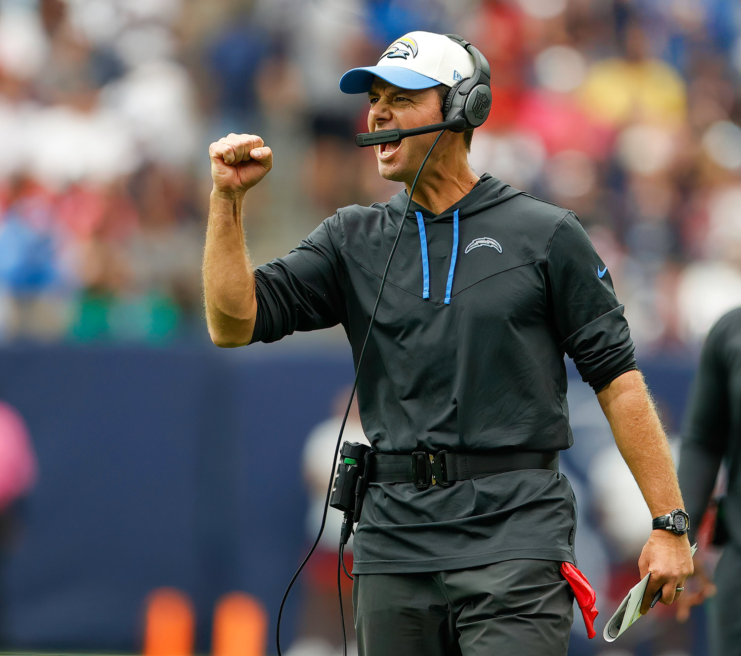 Los Angeles Chargers head coach Brandon Staley reacts to a Chargers touchdown during an NFL game between the Texans and the Chargers on Oct. 2, 2022 in Houston. The Chargers won 34-24.