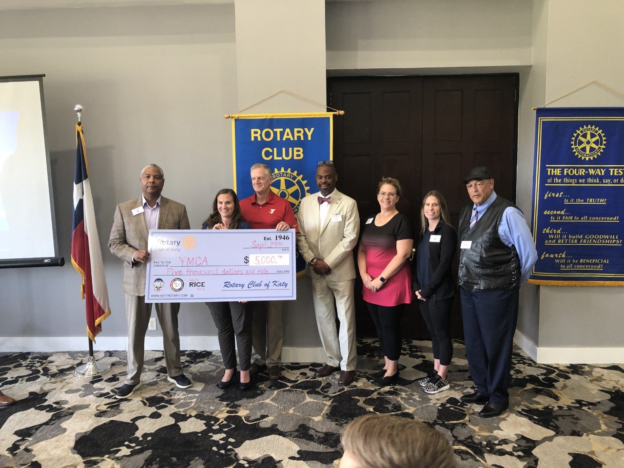 The Rotary Club of Katy made a donation to the Katy YMCA. Pictured from left to right are Jerry Moye, Katlyn Balson, Randy Carter, J.R. Richardson, Vicki Rao, Callie Kuehler and Thom Polvogt.