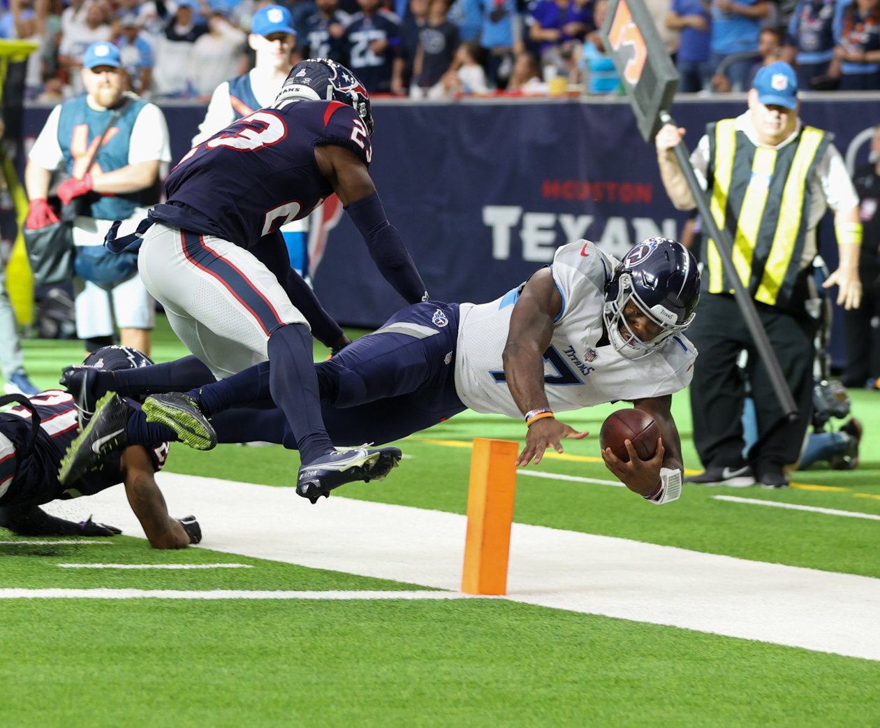 Titans quarterback Malik Willis (7) dives for the end zone but is ruled down at the 1-yard line during an NFL game between the Texans and the Titans on Oct. 30, 2022 in Houston.