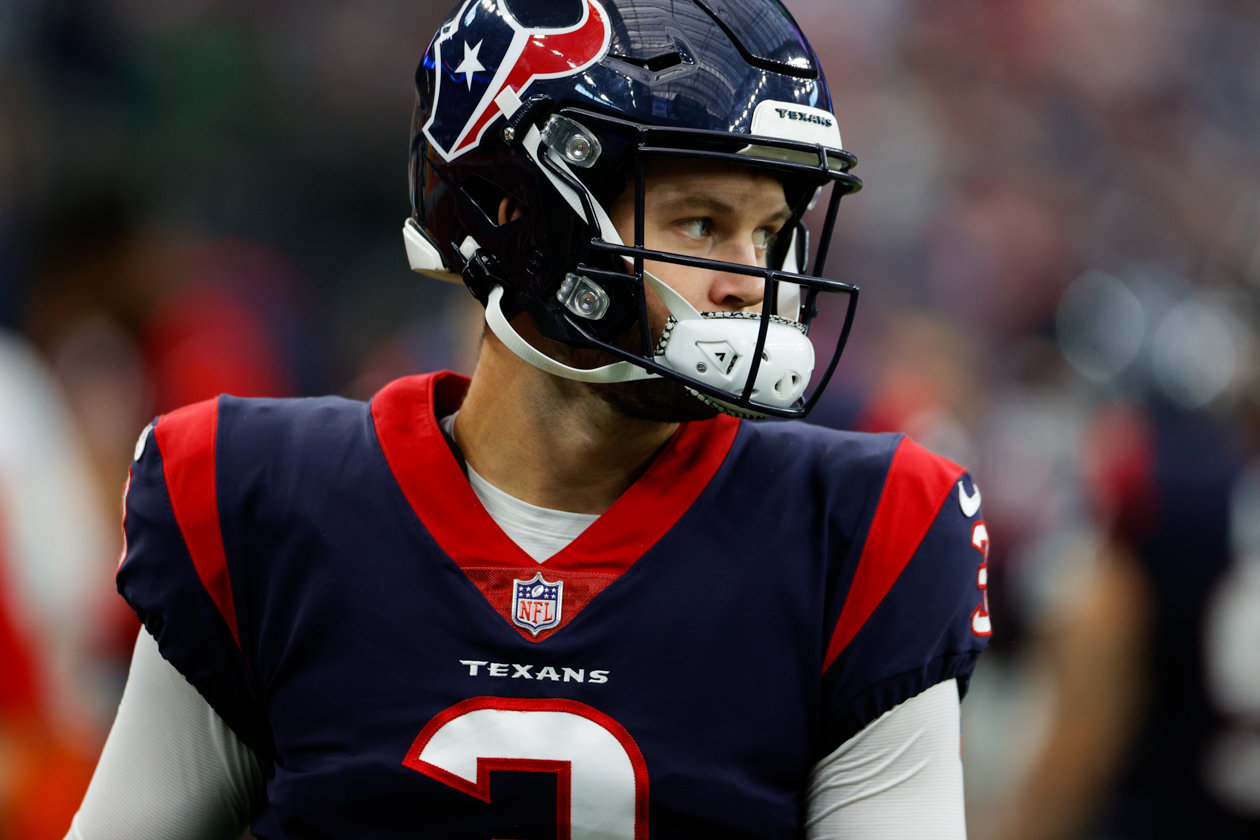 Texans backup quarterback Kyle Allen (3) looks on from the sideline during an NFL game between the Texans and the Titans on Oct. 30, 2022 in Houston.