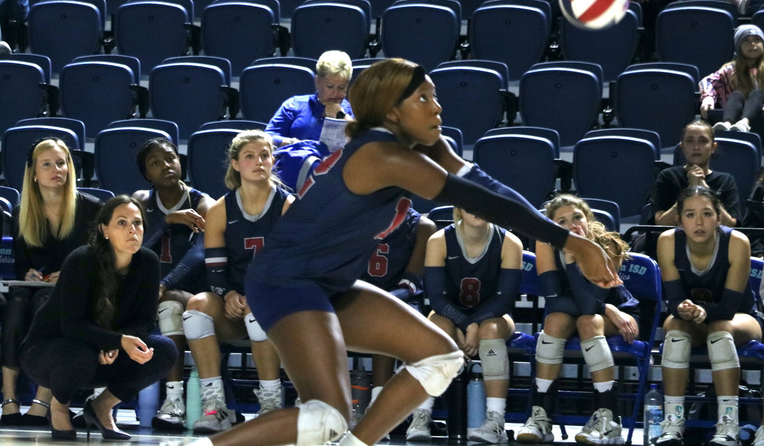 Cindy Tchouangwa digs a ball during Saturday’s Class 6A-Region III Final against Cinco Ranch at Delmar Fieldhouse.