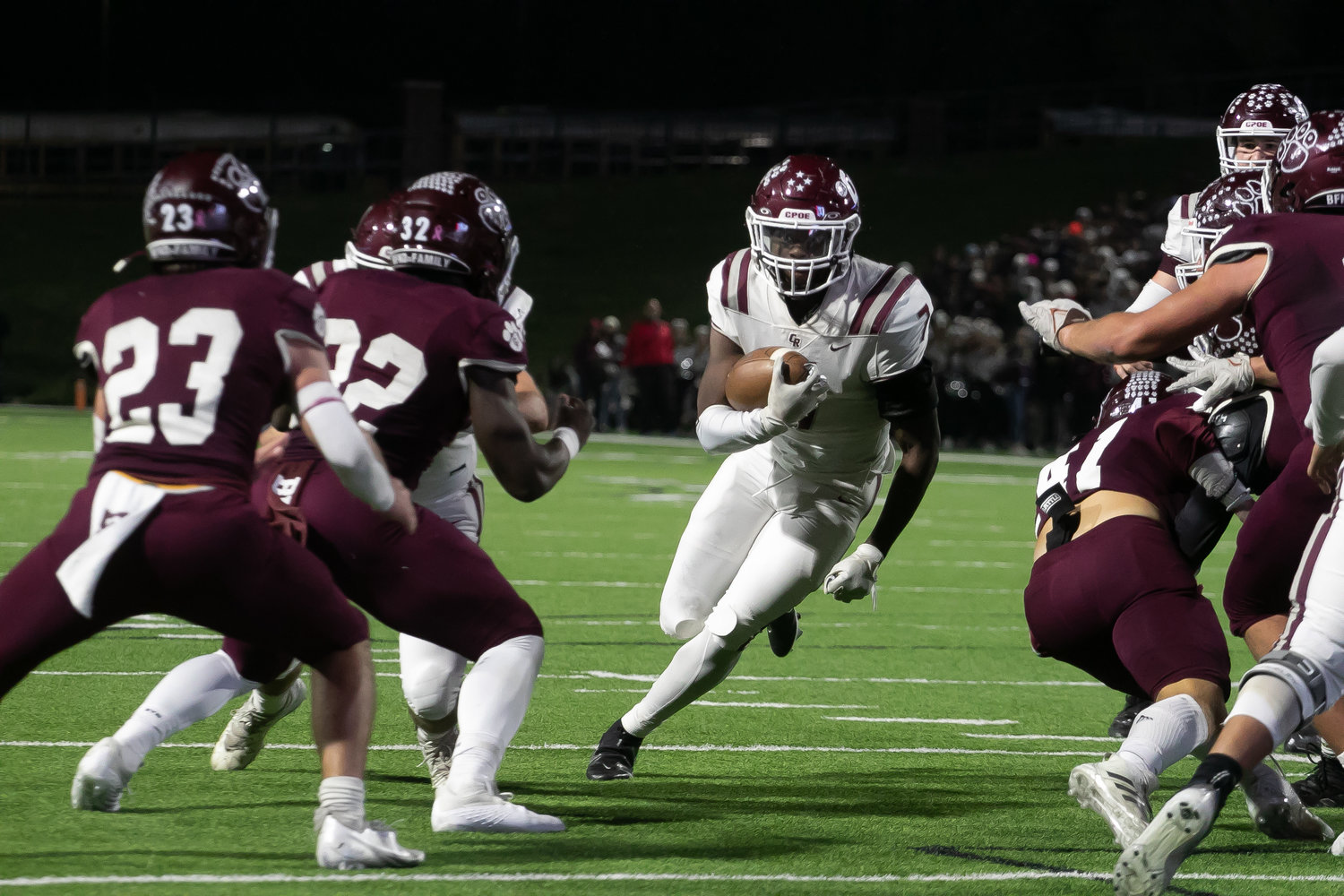 Sam McKnight cuts upfield during Friday's Class 6A-Division I area round game between Cinco Ranch and Cy-Fair at Pridgeon Stadium.