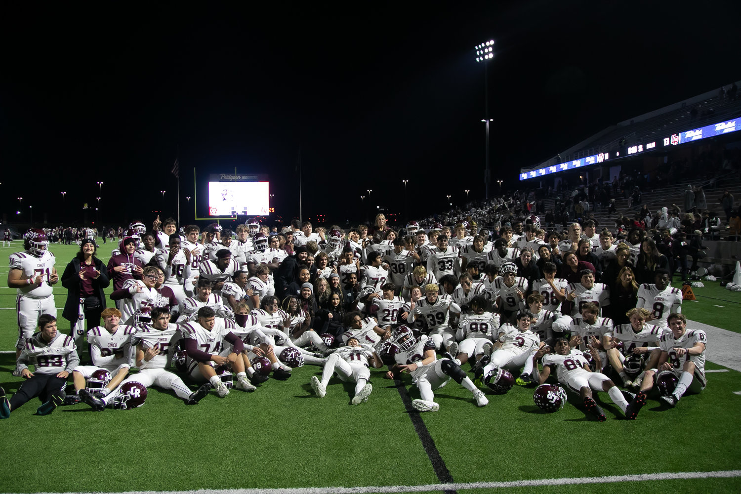 Cinco Ranch poses for a photo after Friday's Class 6A-Division I area round game between Cinco Ranch and Cy-Fair at Pridgeon Stadium.