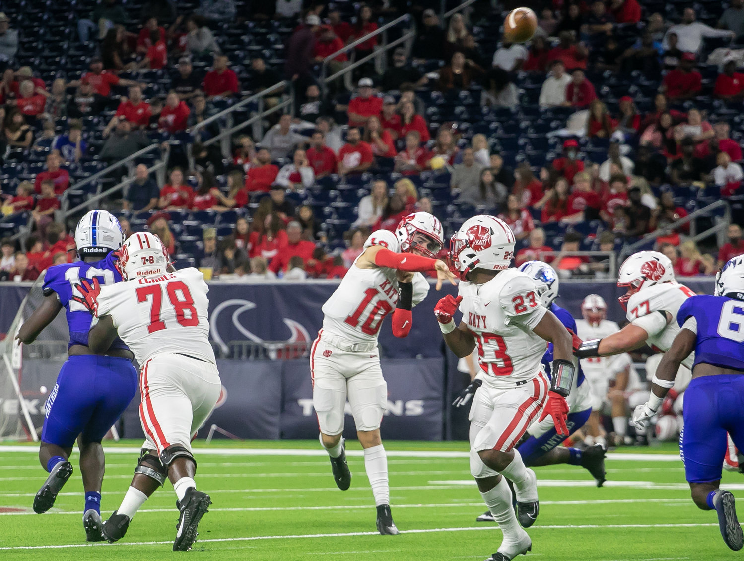 Caleb Koger throws a pass during Friday's Class 6A-Division II Region III Final between Katy and C.E. King at NRG Stadium.