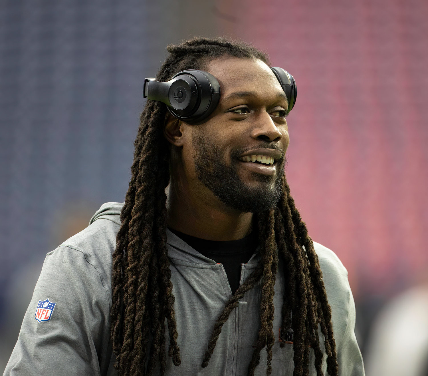 Former Houston Texans player and current Cleveland Browns defensive end Jadeveon Clowney arrives at NRG Stadium ahead of an NFL game between the Texans and the Browns on Dec. 4, 2022, in Houston.