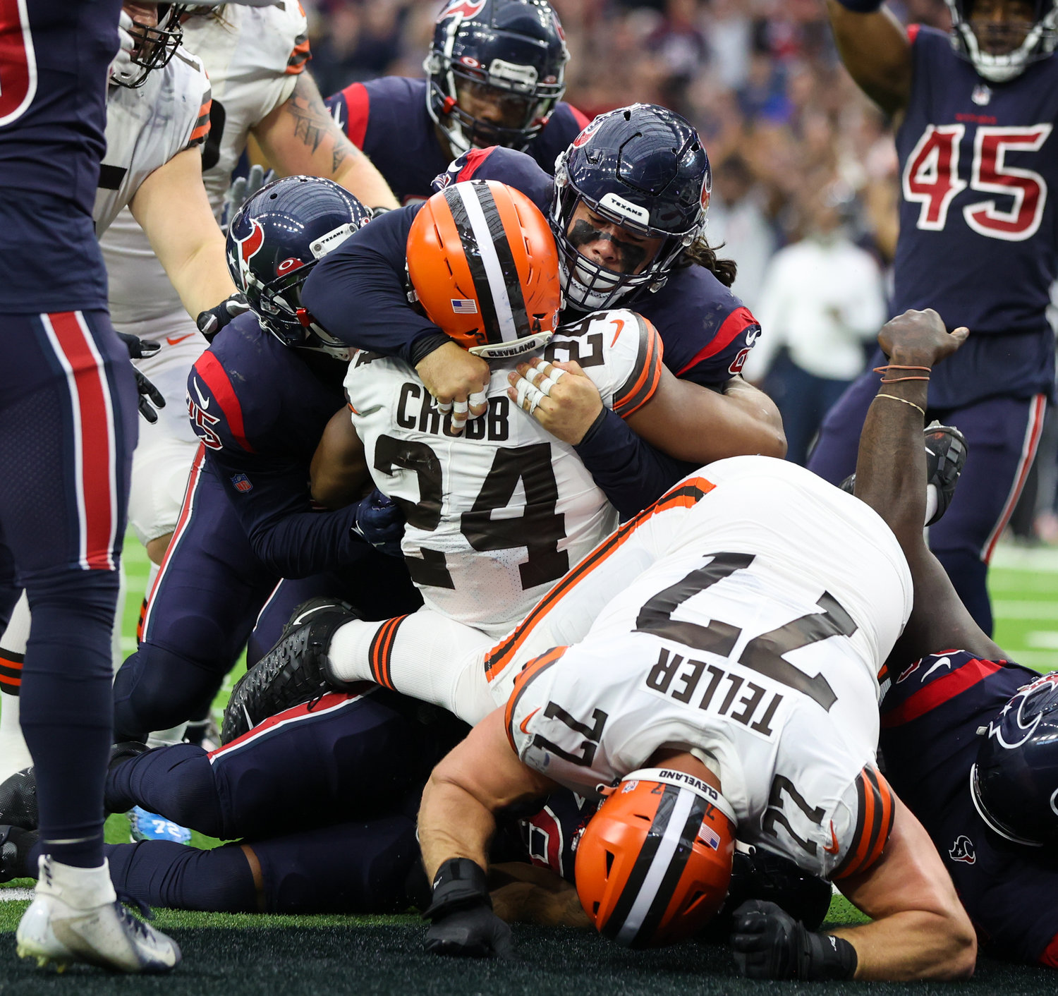 The Houston Texans defense stops Cleveland Browns running back Nick Chubb in the end zone for a safety during an NFL game between the Houston Texans and the Cleveland Browns on Dec. 4, 2022, in Houston. The Browns won, 27-14.