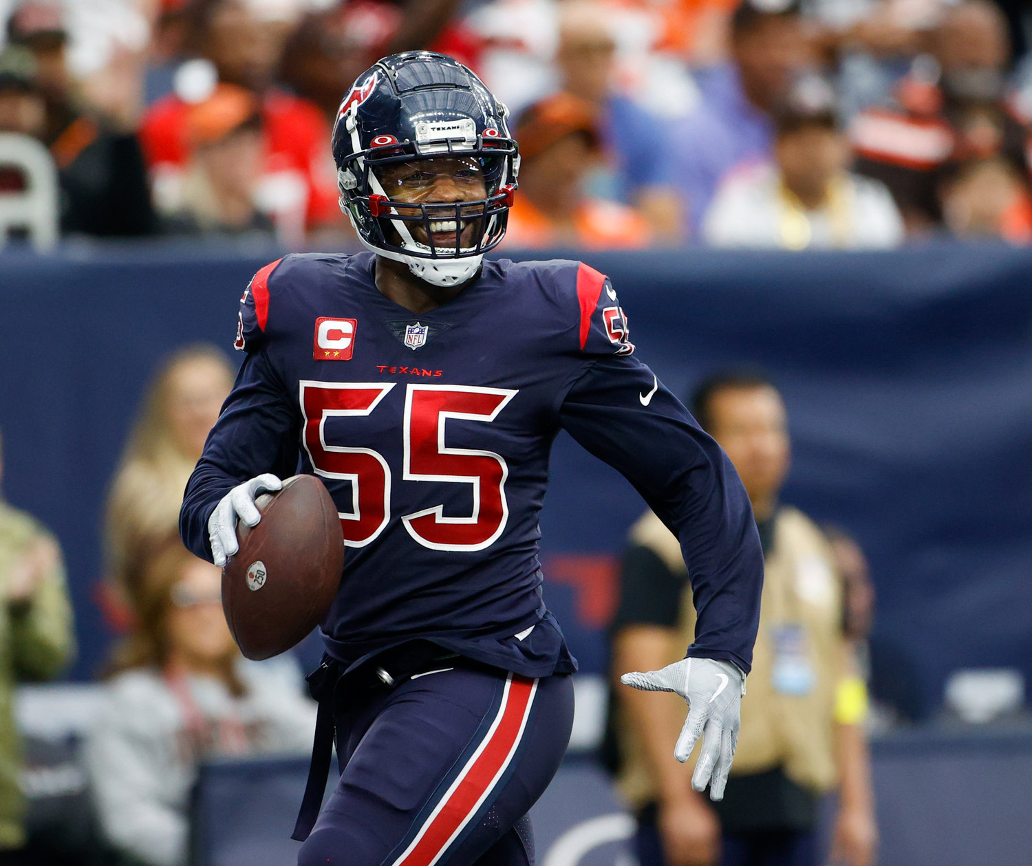 Houston Texans defensive end Jerry Hughes (55) during an NFL game between the Houston Texans and the Cleveland Browns on Dec. 4, 2022, in Houston. The Browns won, 27-14.