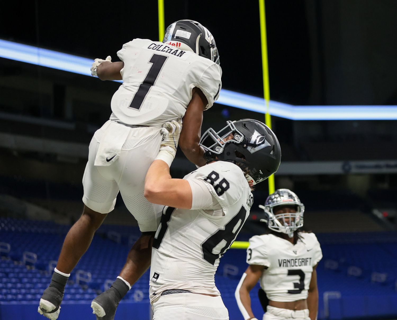 Vandegrift Vipers junior tight end Jase Skoglund (88) and Vandegrift celebrate after a touchdown during the Class 6A-DII state semifinal football game between Katy and Vandegrift on Dec. 10, 2022 in San Antonio.