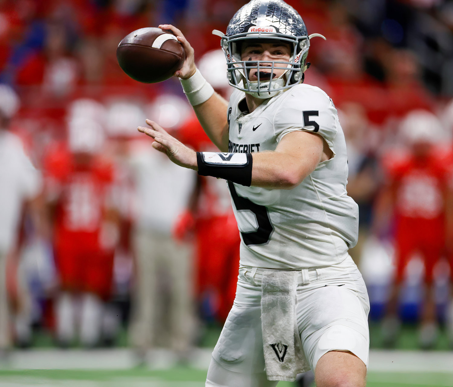 Vandegrift Vipers senior quarterback Brayden Buchanan (5) passes the ball during the Class 6A-DII state semifinal football game between Katy and Vandegrift on Dec. 10, 2022 in San Antonio.