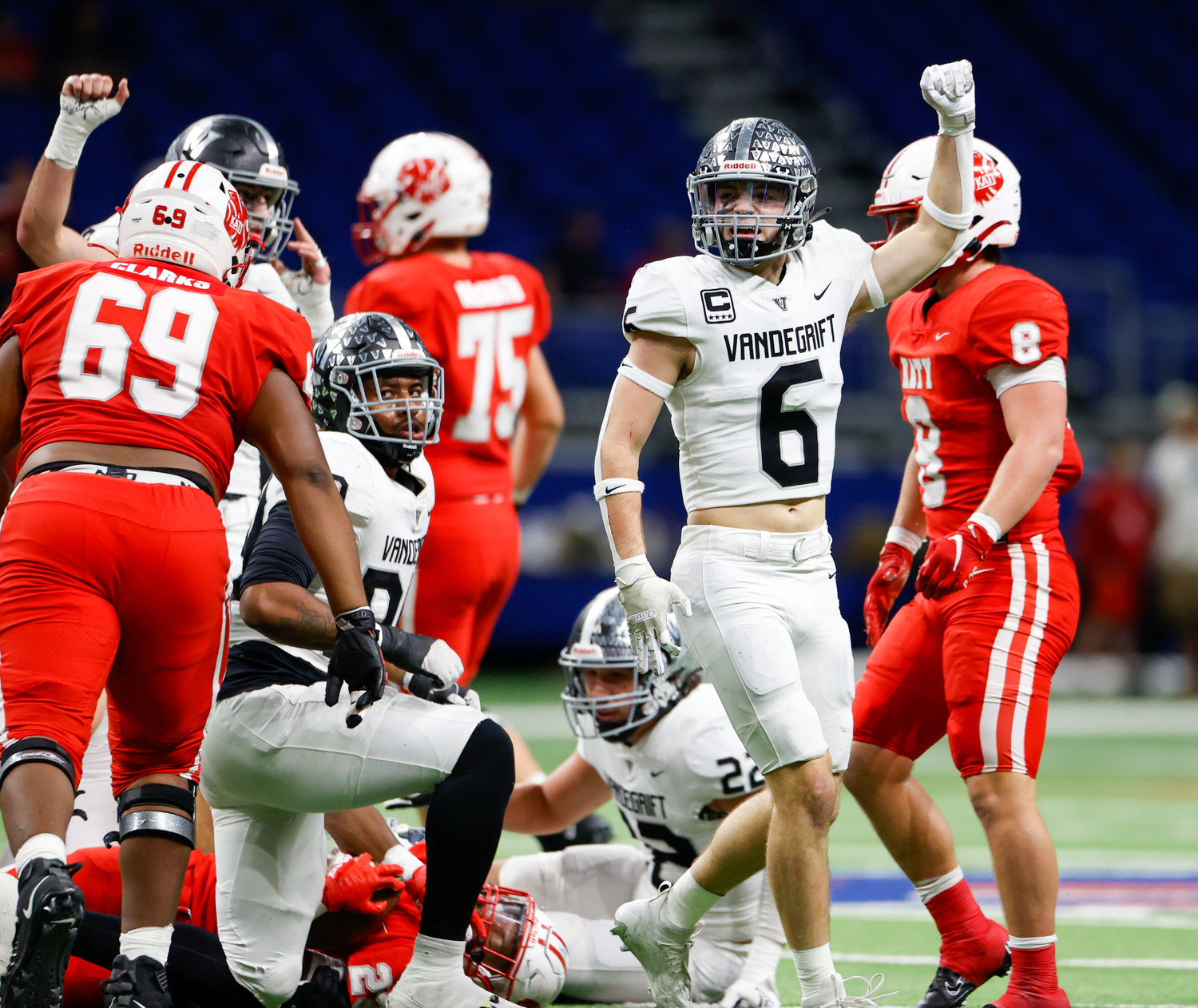 Vandegrift Vipers senior defensive back Andrew Scott (6) gestures fourth down after a defensive stop during the Class 6A-DII state semifinal football game between Katy and Vandegrift on Dec. 10, 2022 in San Antonio.