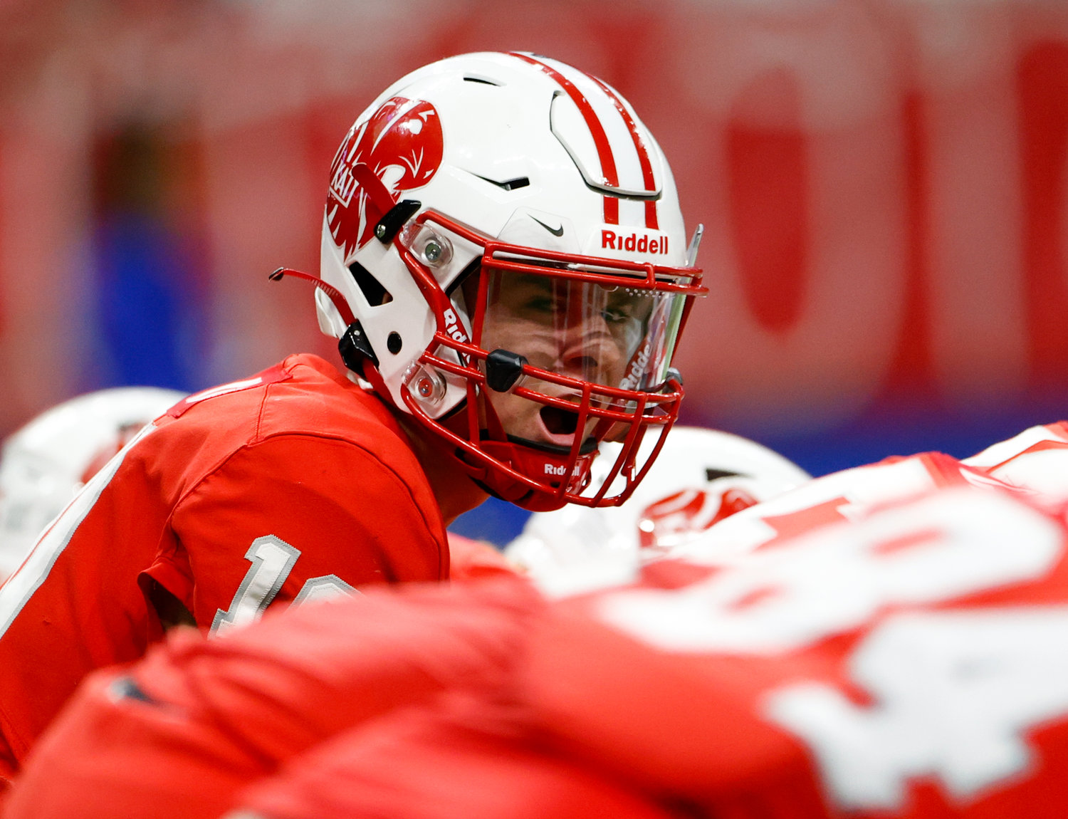 Katy quarterback Caleb Koger (10) prepares for a snap during the Class 6A-DII state semifinal football game between Katy and Vandegrift on Dec. 10, 2022 in San Antonio.