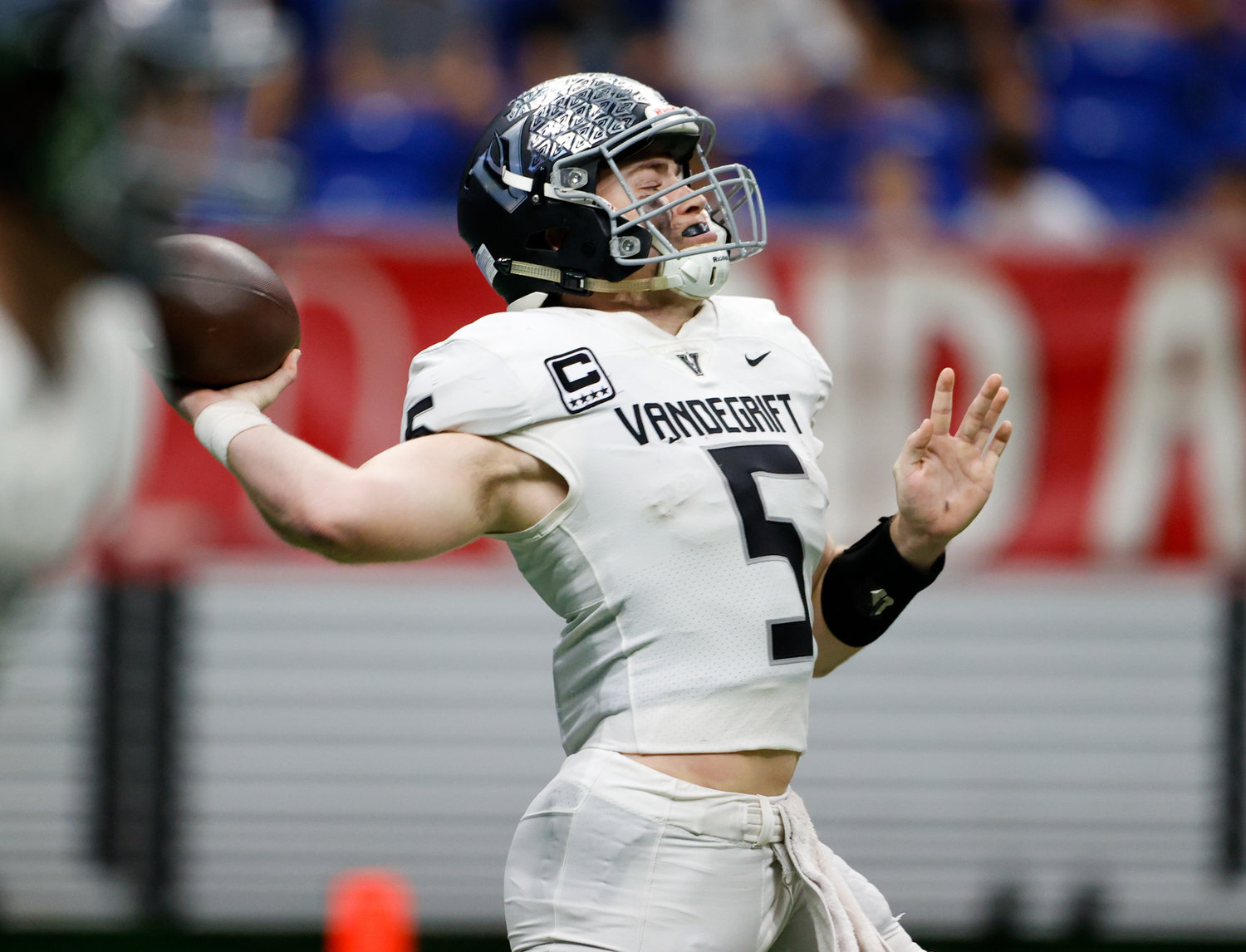 Vandegrift Vipers senior quarterback Brayden Buchanan (5) passes the ball deep downfield during the Class 6A-DII state semifinal football game between Katy and Vandegrift on Dec. 10, 2022 in San Antonio.