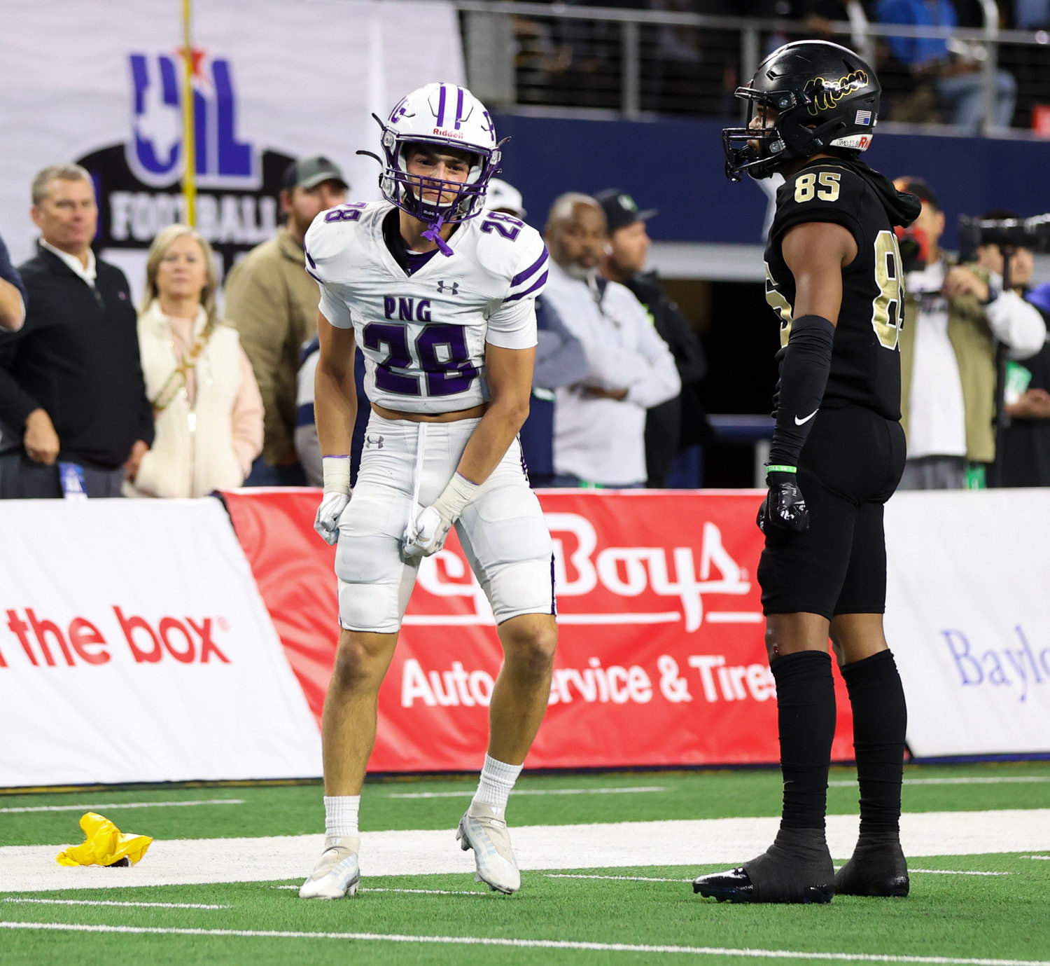 Port Neches-Groves defensive back Reid Richard (28) reacts after being flagged for pass interference during the Class 5A Division II football state championship game between South Oak Cliff and Port Neches-Groves in Arlington, Texas, on Dec. 16, 2022.