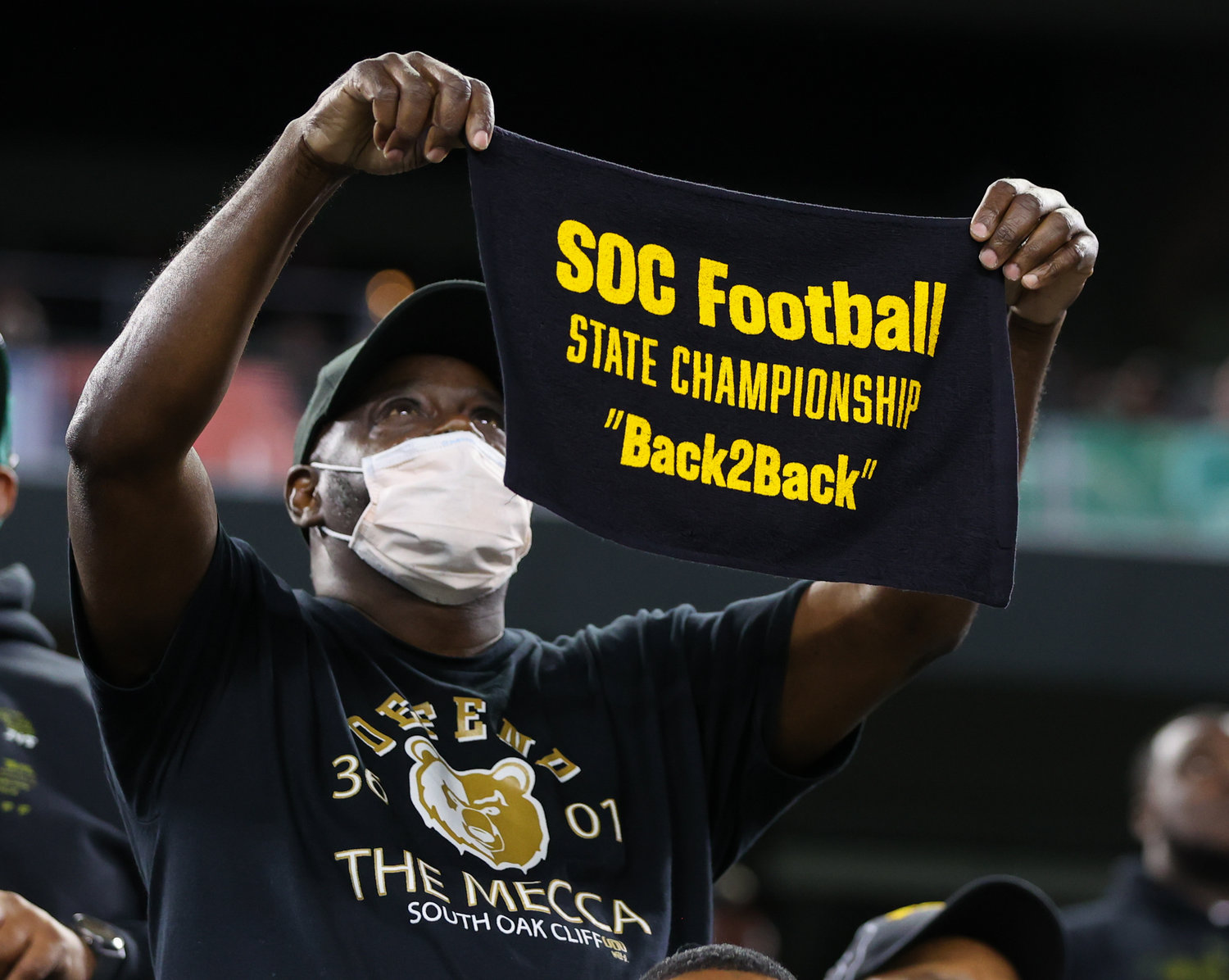 South Oak Cliff fans cheer during the Class 5A Division II football state championship game between South Oak Cliff and Port Neches-Groves in Arlington, Texas, on Dec. 16, 2022.