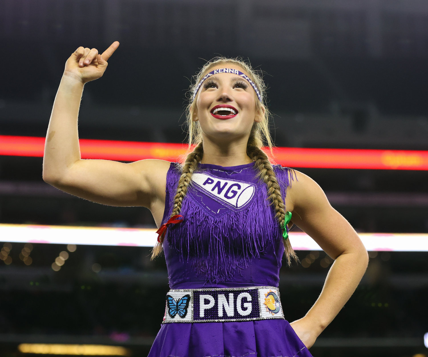 A Port Neches-Groves cheerleader during the Class 5A Division II football state championship game between South Oak Cliff and Port Neches-Groves in Arlington, Texas, on Dec. 16, 2022.