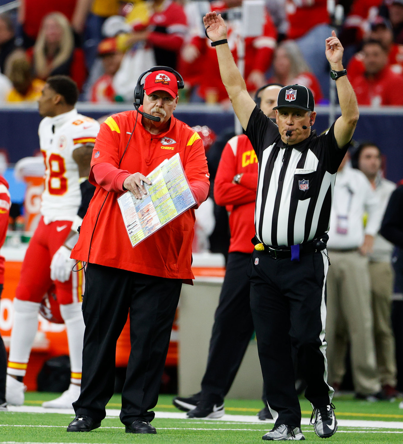 Kansas City Chiefs head coach Andy Reid calls for a time out to allow his team to attempt a potential game-winning field goal, that ultimately missed, near the end of regulation during an NFL game between the Texans and the Chiefs on Dec. 18, 2022, in Houston. The Chiefs won, 30-24, in overtime.
