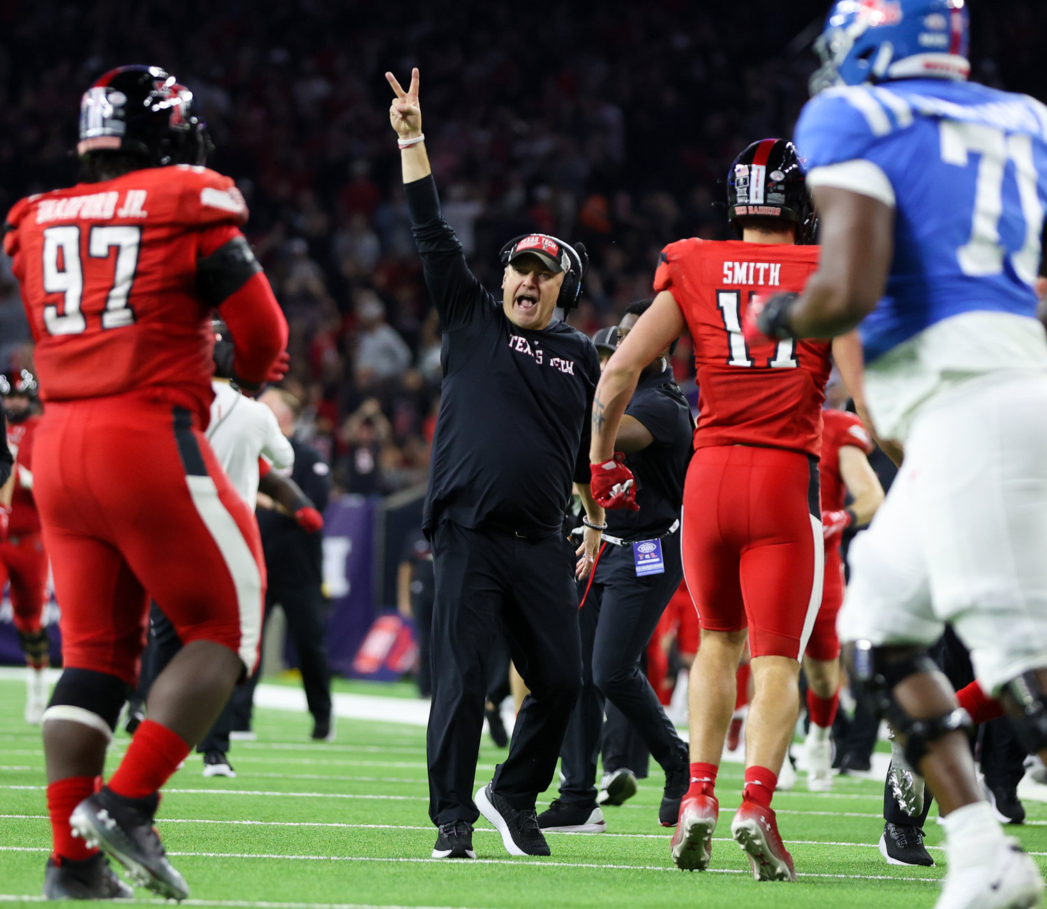 Texas Tech head coach Joey McGuire after the Red Raiders intercepted an Ole Miss pass during the TaxAct Texas Bowl on Dec. 28, 2022 in Houston.