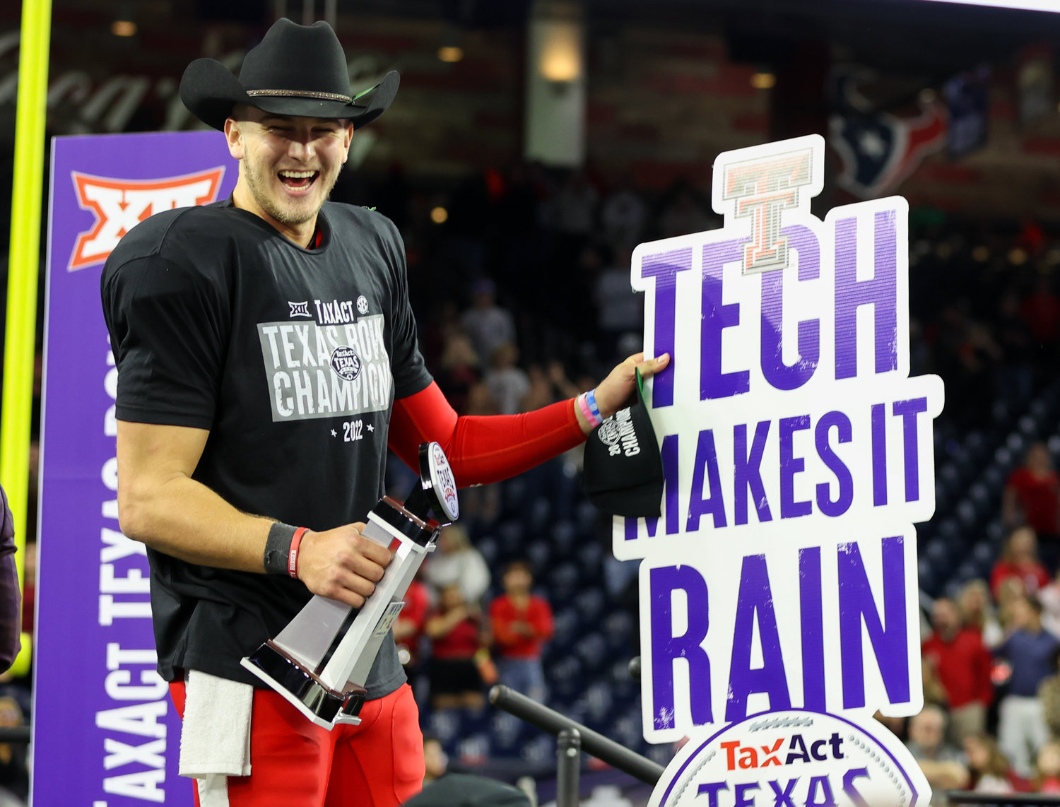Texas Tech quarterback Tyler Shough (12) was named the Most Valuable Player following the TaxAct Texas Bowl on Dec. 28, 2022 in Houston. Texas Tech beat Ole Miss 42-25.