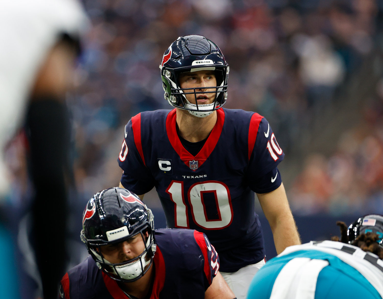 Texans quarterback Davis Mills (10) during an NFL game between the Houston Texans and the Jacksonville Jaguars on Jan. 1, 2023 in Houston. The Jaguars won, 31-3.