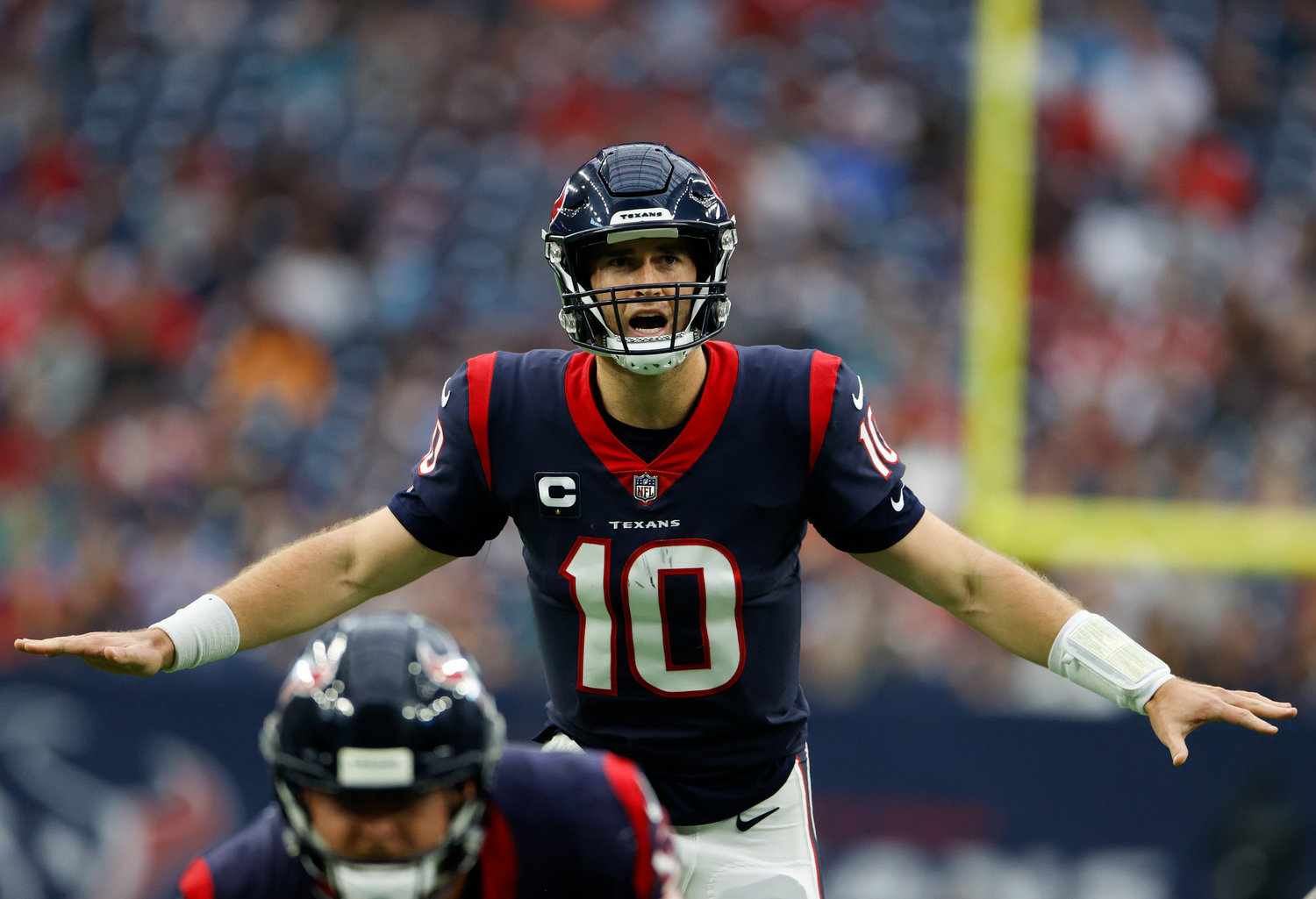 Texans quarterback Davis Mills (10) calls signals before a snap during an NFL game between the Houston Texans and the Jacksonville Jaguars on Jan. 1, 2023 in Houston. The Jaguars won, 31-3.