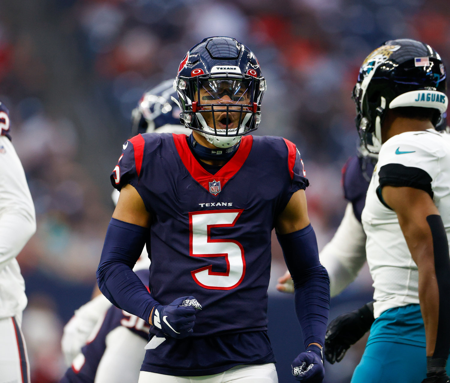Texans safety Jalen Pitre (5) reacts after a defensive play during an NFL game between the Houston Texans and the Jacksonville Jaguars on Jan. 1, 2023 in Houston. The Jaguars won, 31-3.