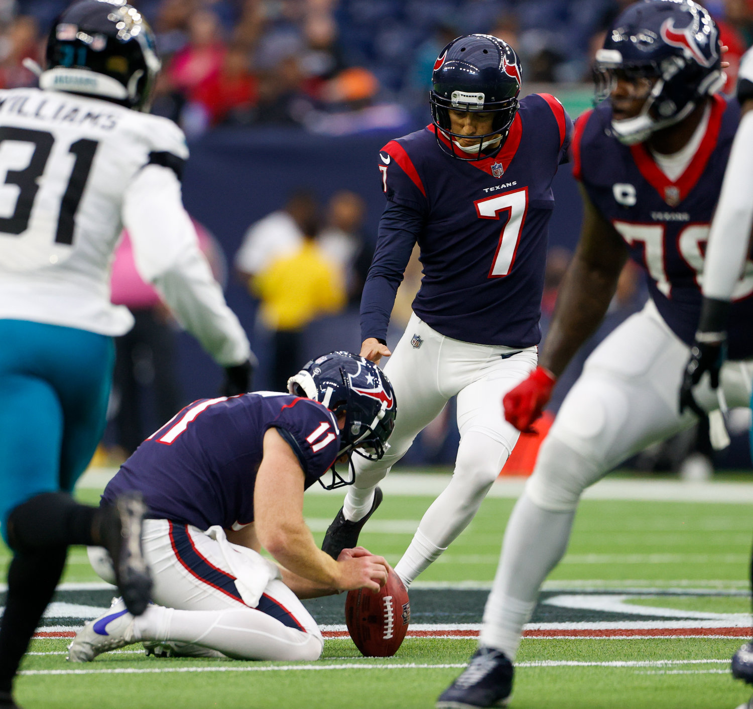 Texans place kicker Ka'imi Fairbairn (7) kicks a 56-yard field goal in the third quarter, for Houston’s only points of the game between the Texans and the Jaguars on Jan. 1, 2023 in Houston. The Jaguars won, 31-3.
