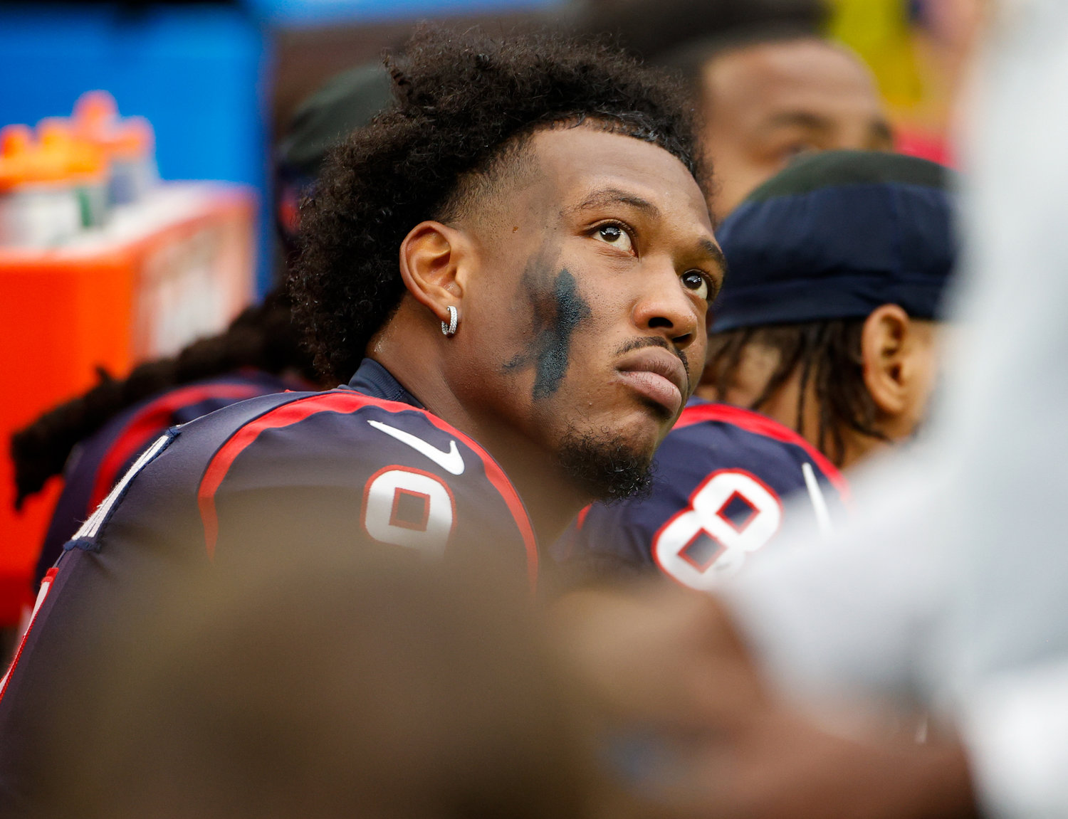 Texans tight end Brevin Jordan (9) on the bench during an NFL game between the Houston Texans and the Jacksonville Jaguars on Jan. 1, 2023 in Houston. The Jaguars won, 31-3.