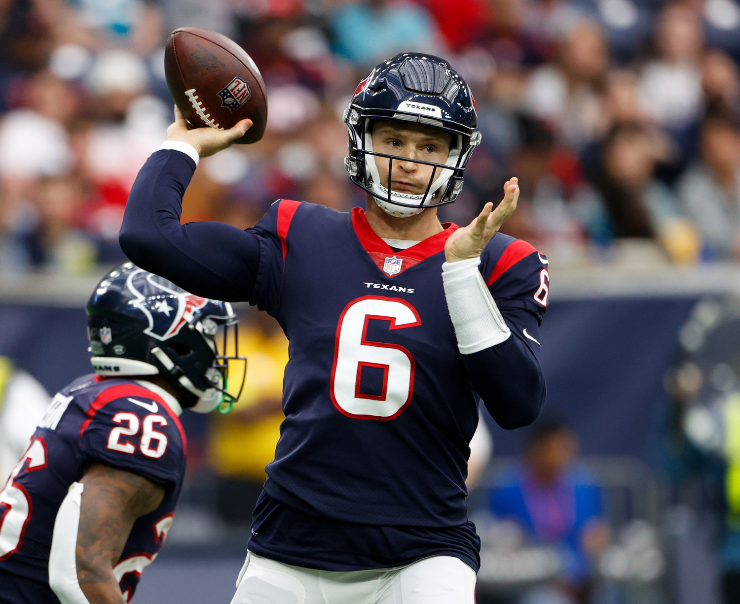 Texans quarterback Jeff Driskel (6) passes the ball during an NFL game between the Houston Texans and the Jacksonville Jaguars on Jan. 1, 2023 in Houston. The Jaguars won, 31-3.