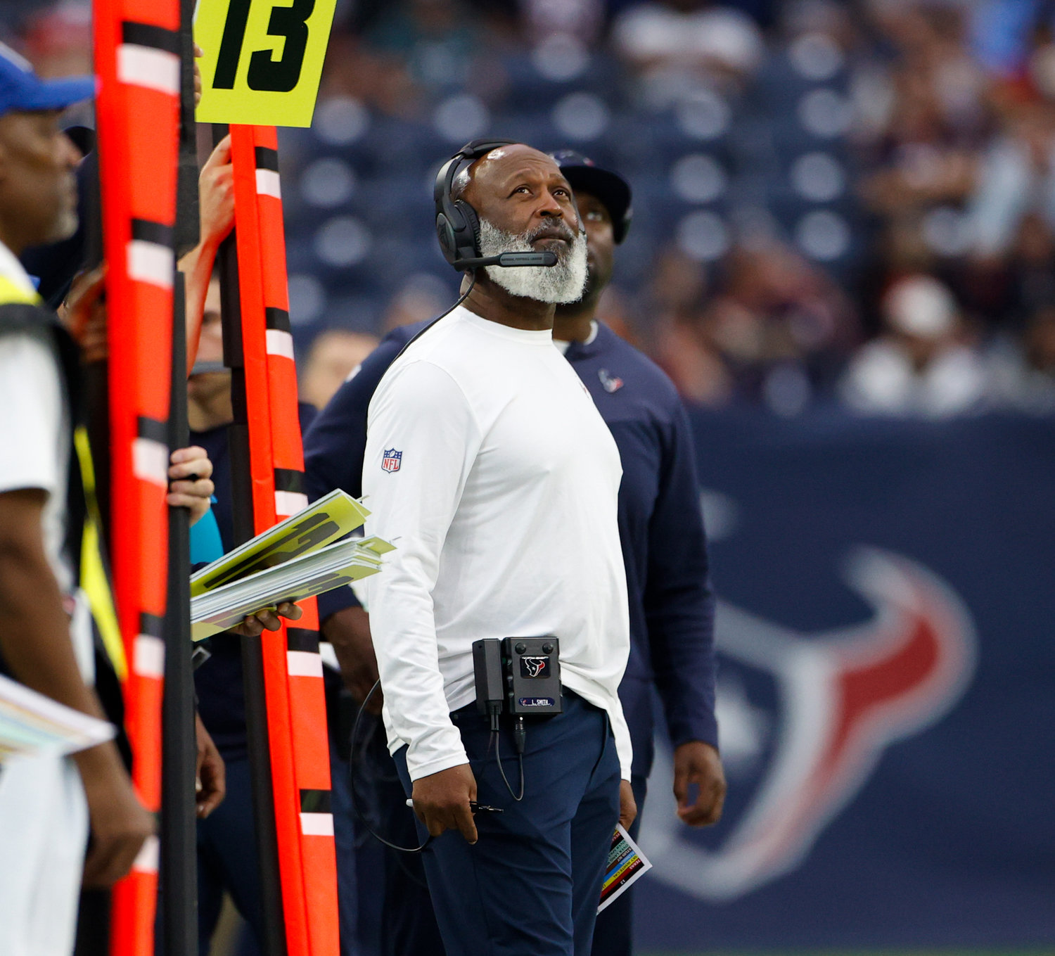 Texans head coach Lovie Smith looks up at the video board during the fourth quarter of an NFL game between the Houston Texans and the Jacksonville Jaguars on Jan. 1, 2023 in Houston. The Jaguars won, 31-3 in Houston’s final home game of the season.