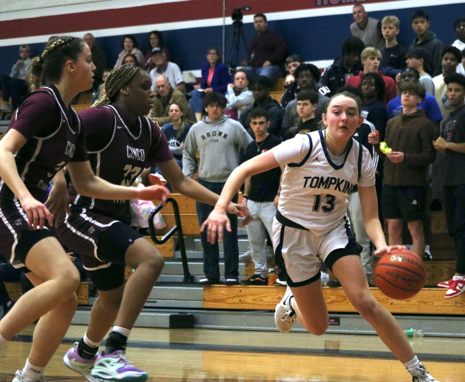 Macy Spencer drives baseline during Friday’s game between Tompkins and Cinco Ranch at the Tompkins gym.