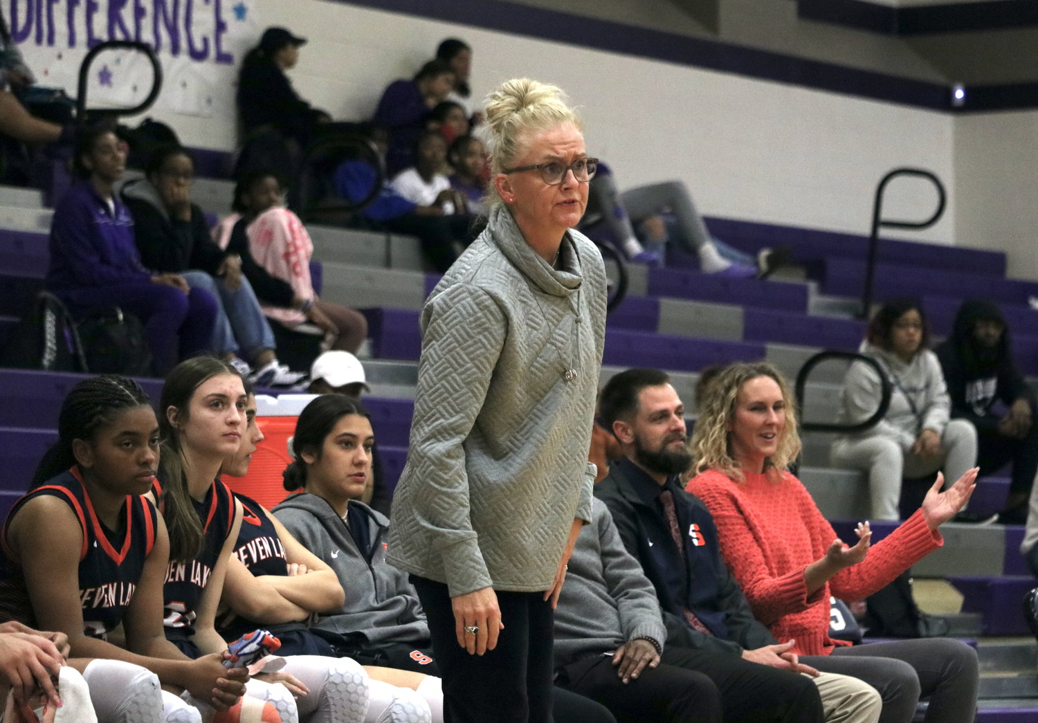 Seven Lakes head coach Angela Spurlock talks to her team during Friday's game between Seven Lakes and Morton Ranch at the Morton Ranch gym.