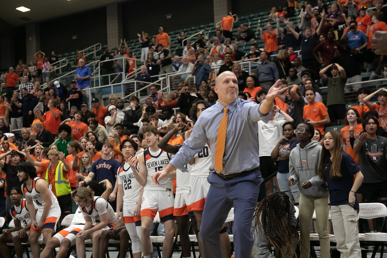 Seven Lakes head coach Shannon Heston exclaims to a referee during Monday's Class 6A Regional Quarterfinal between Seven Lakes and Stratford at the Merrell Center.