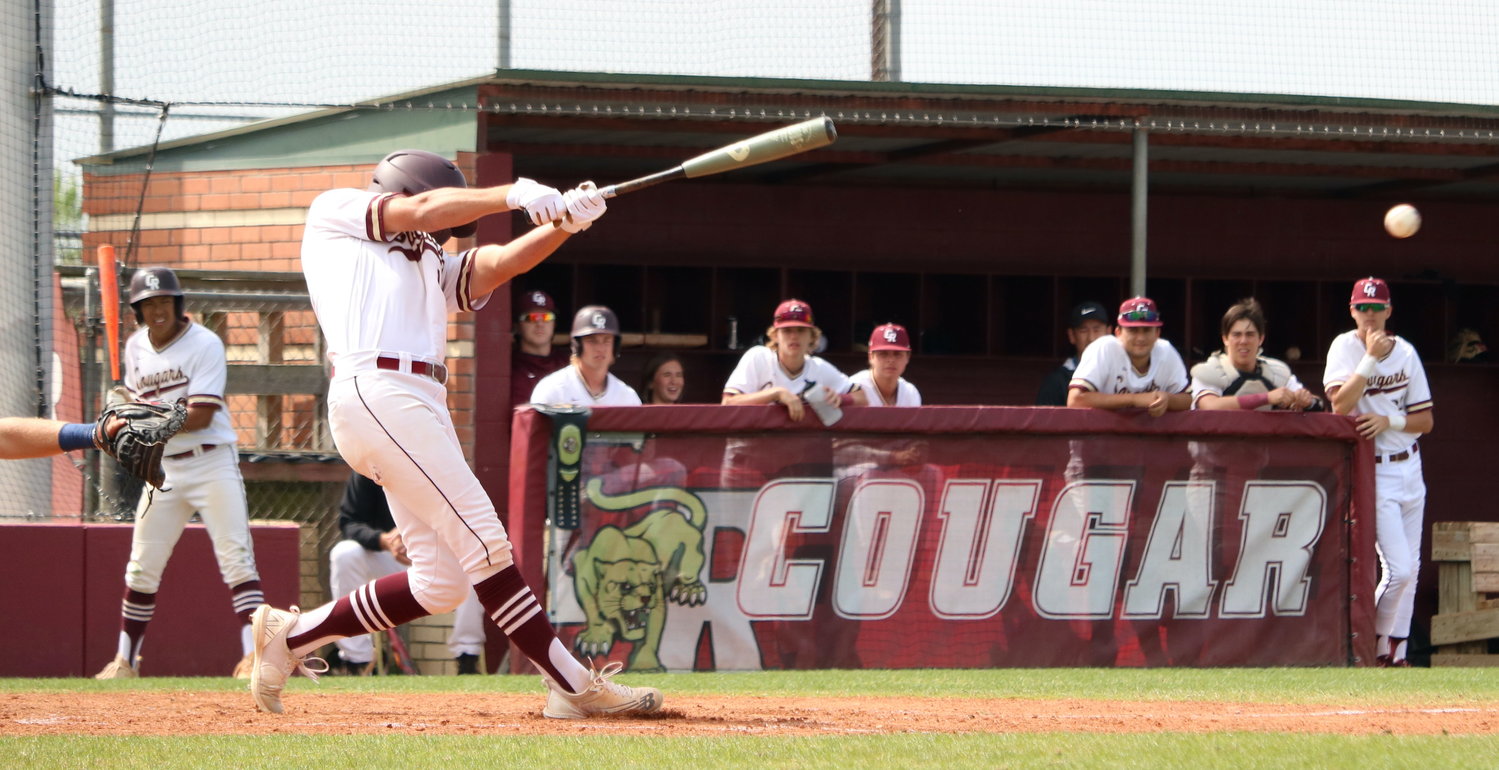 Connor Ficarra hits during a game between Tompkins and Cinco Ranch at the Cinco Ranch baseball field.