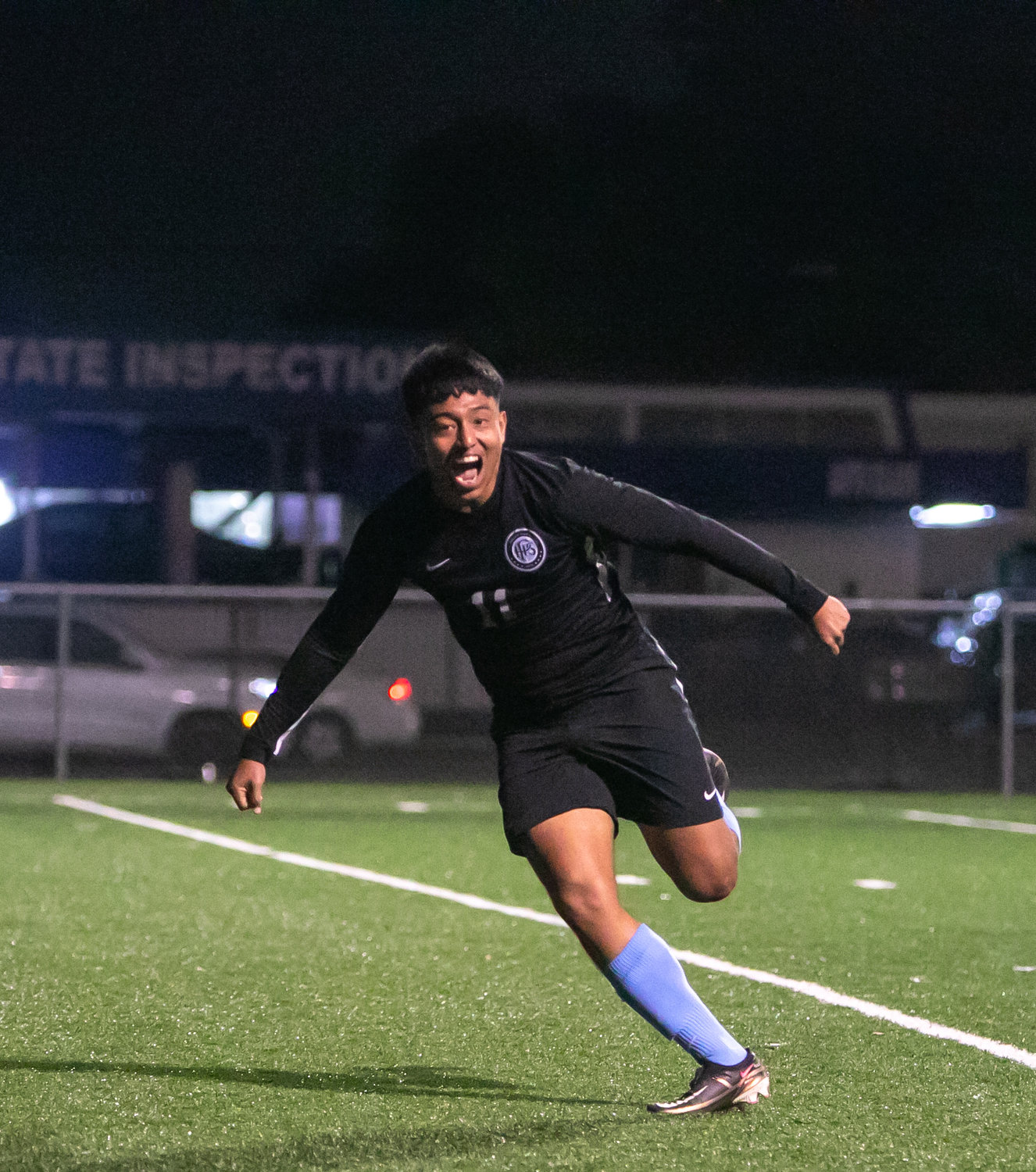 Jose Dominguez celebrates after scoring a goal during Tuesday's match between Paetow and Lamar at the Spring Woods football field.