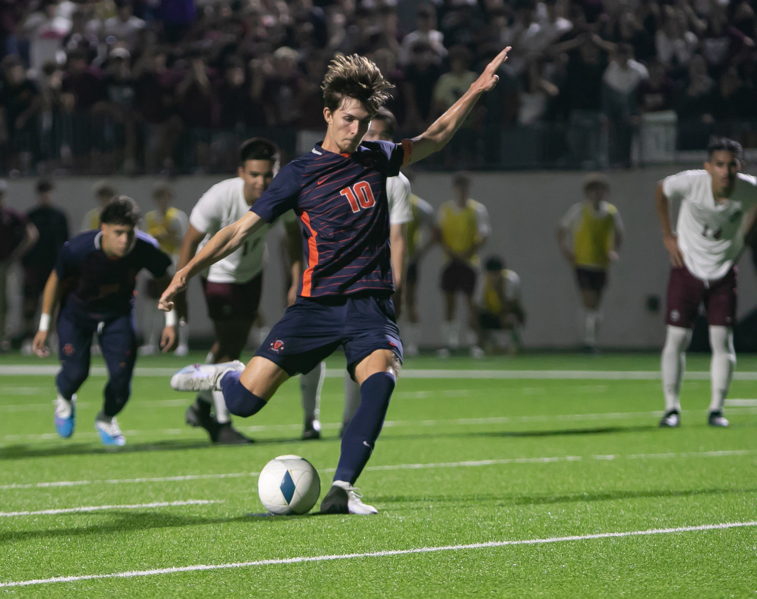 Aidan Morrison takes a penalty kick during Friday's Class 6A Regional Quarterfinal game between Seven Lakes and Cinco Ranch at Legacy Stadium.