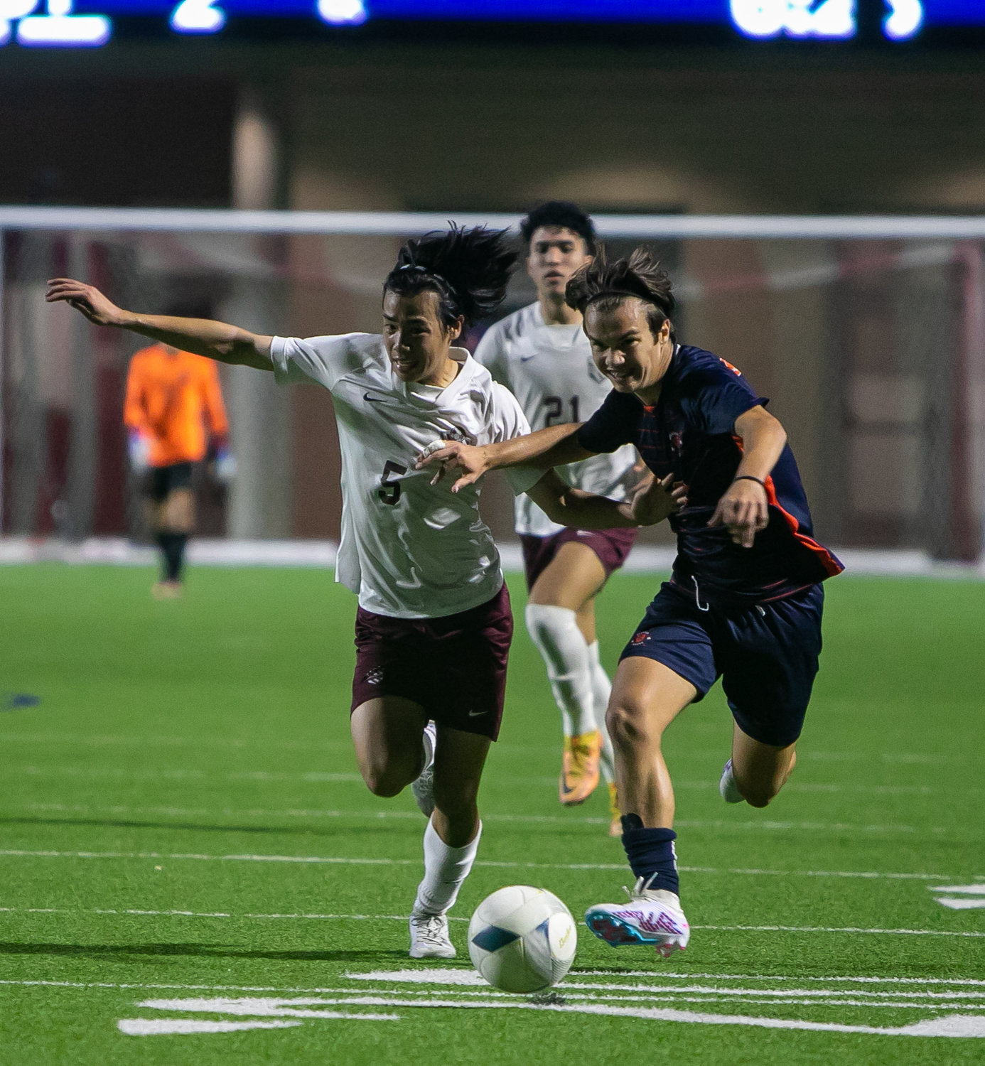 Kortay Koc fights off a defender while dribbling during Friday's Class 6A Regional Quarterfinal game between Seven Lakes and Cinco Ranch at Legacy Stadium.