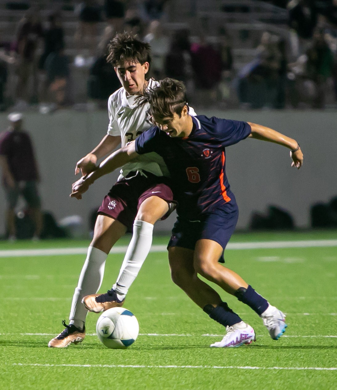Kortay Koc fights for a ball during Friday's Class 6A Regional Quarterfinal game between Seven Lakes and Cinco Ranch at Legacy Stadium.
