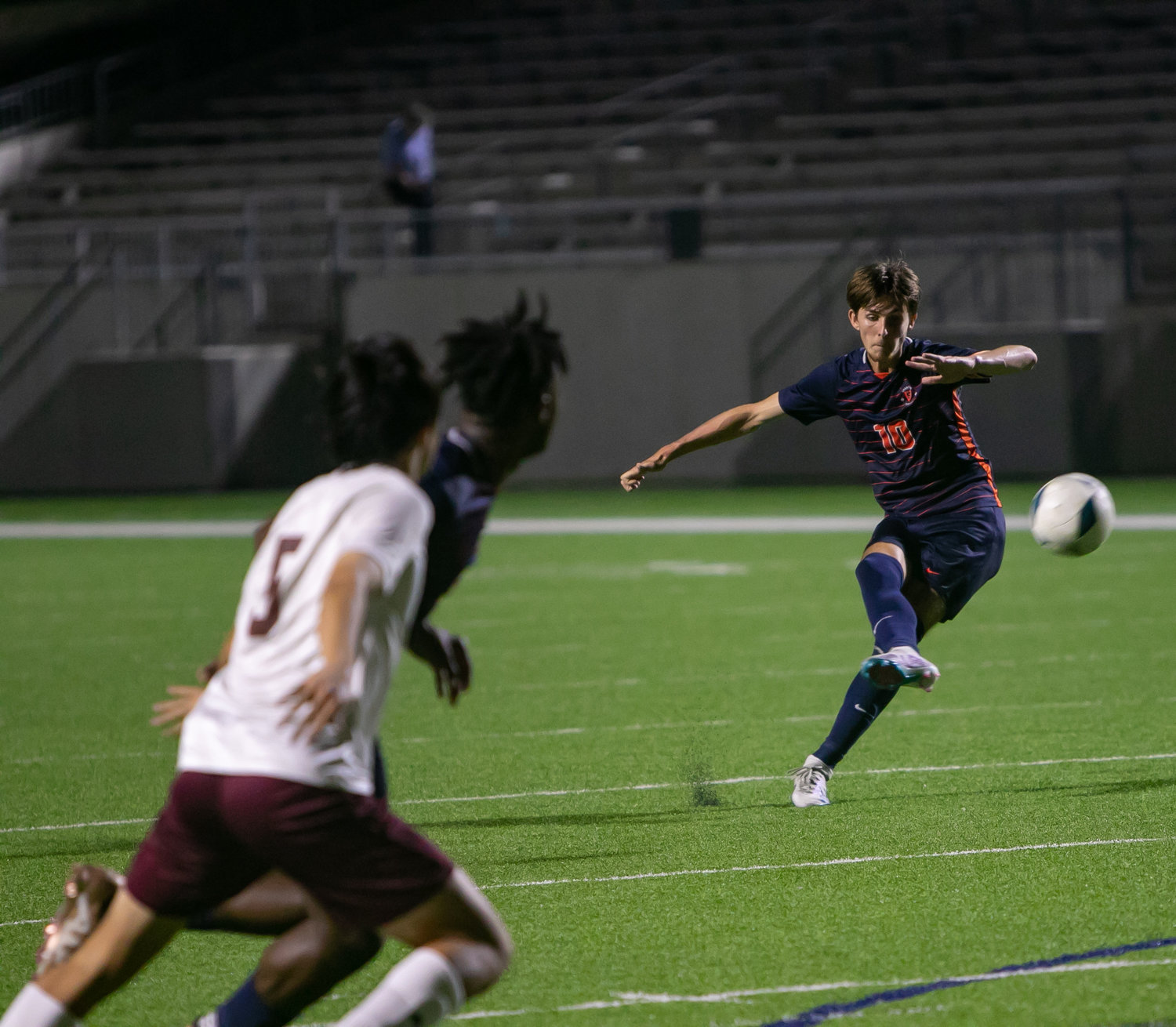 Aidan Morrison takes a free kick during Friday's Class 6A Regional Quarterfinal game between Seven Lakes and Cinco Ranch at Legacy Stadium.