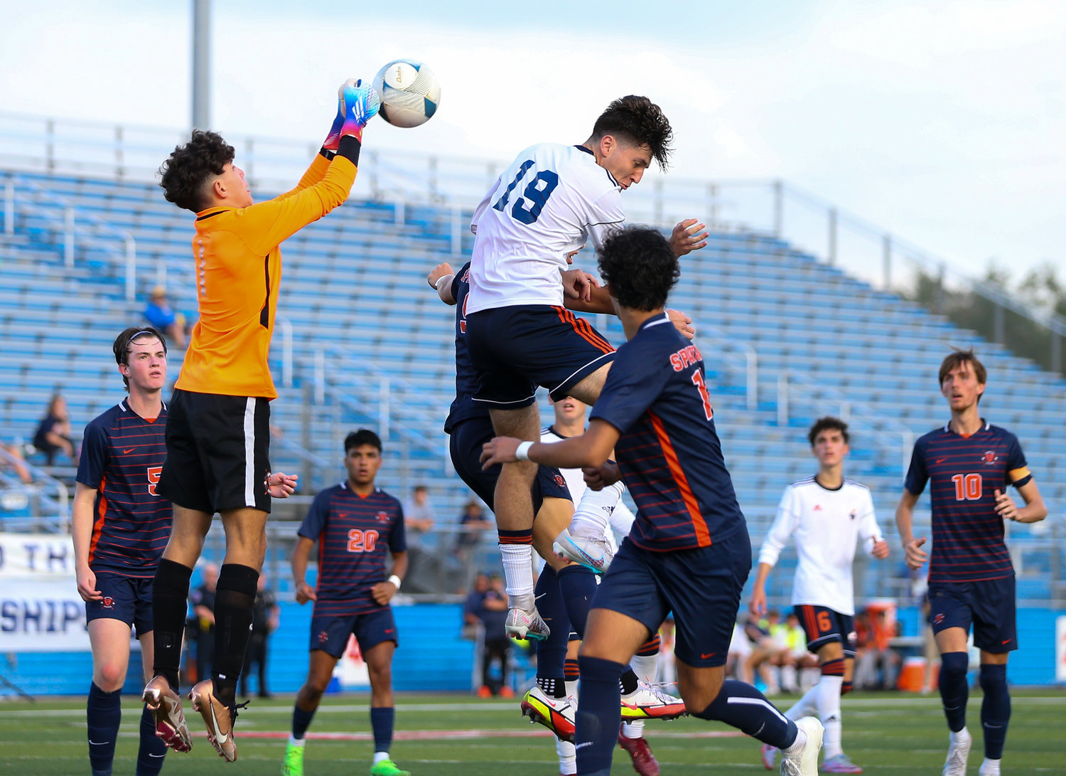 Seven Lakes goalkeeper Ben Aviles Vera (1) punches the ball away during the Class 6A boys state semifinal soccer game between Seven Lakes and Sachse on April 14, 2023 in Georgetown.