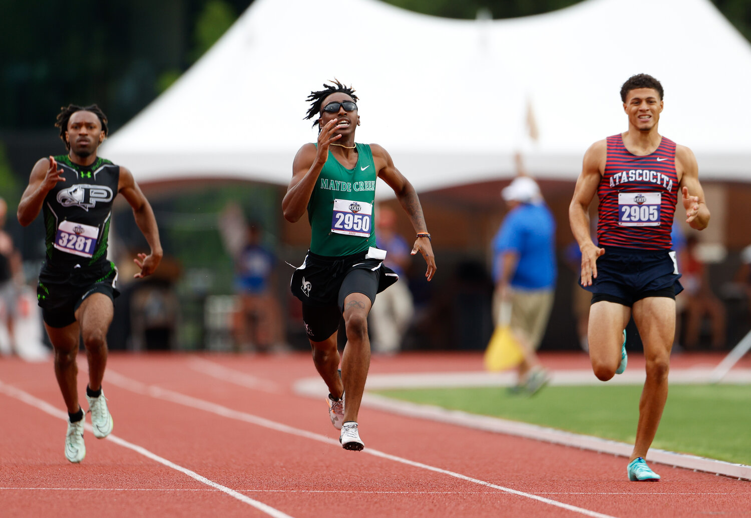 Elijah Ferguson of Mayde Creek High School (2950) competes in the Class 6A boys 400-meter dash during the UIL State Track and Field Meet on Saturday, May 13, 2023 in Austin.