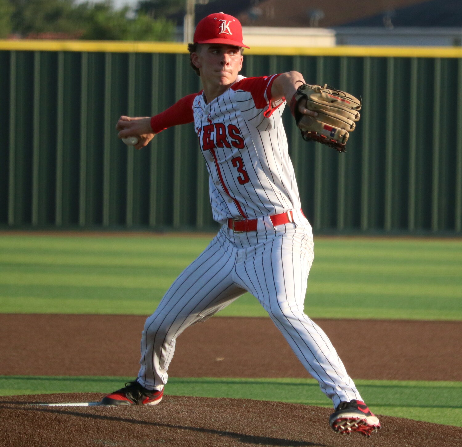 Caleb Koger pitches during Thursday's Regional Quarterfinal game between Katy and Tompkins at Cy-Springs.